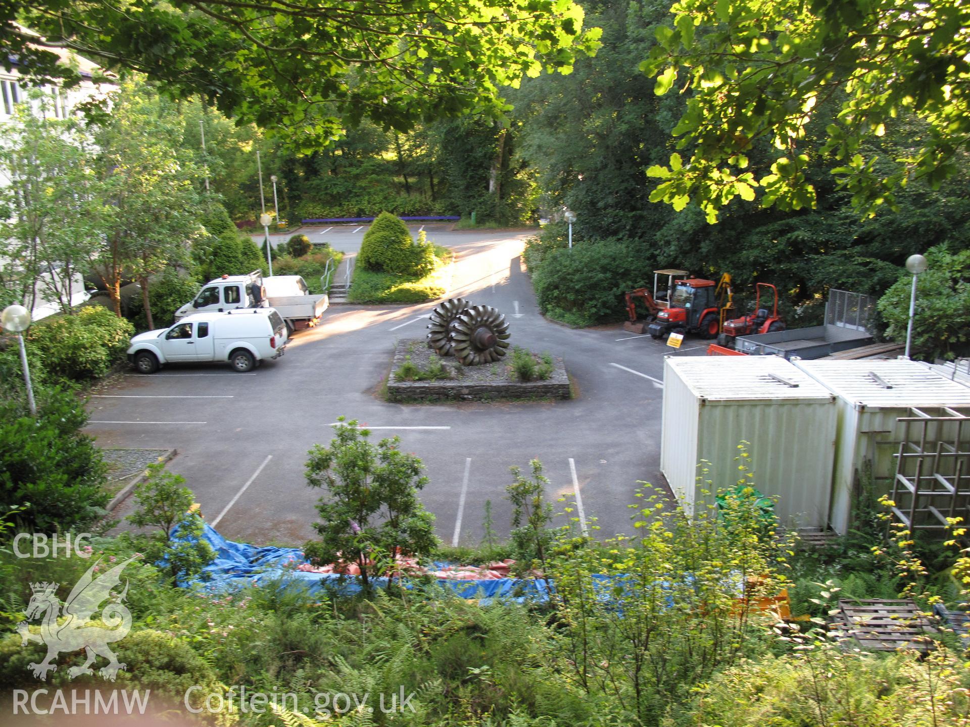 Pelton type turbine runner in the car park at Maentwrog Hydro Power Station.
