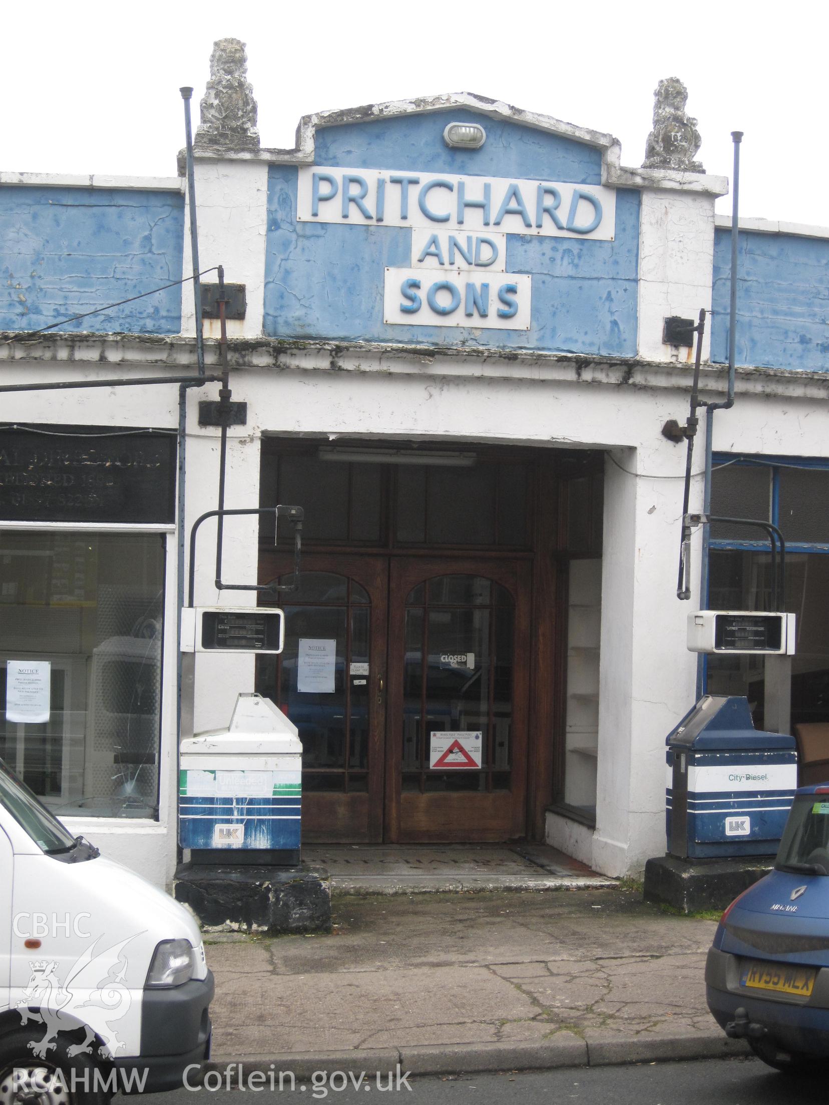 Main entrance at Pritchard's Garage, Llandrindod Wells, from the southeast.