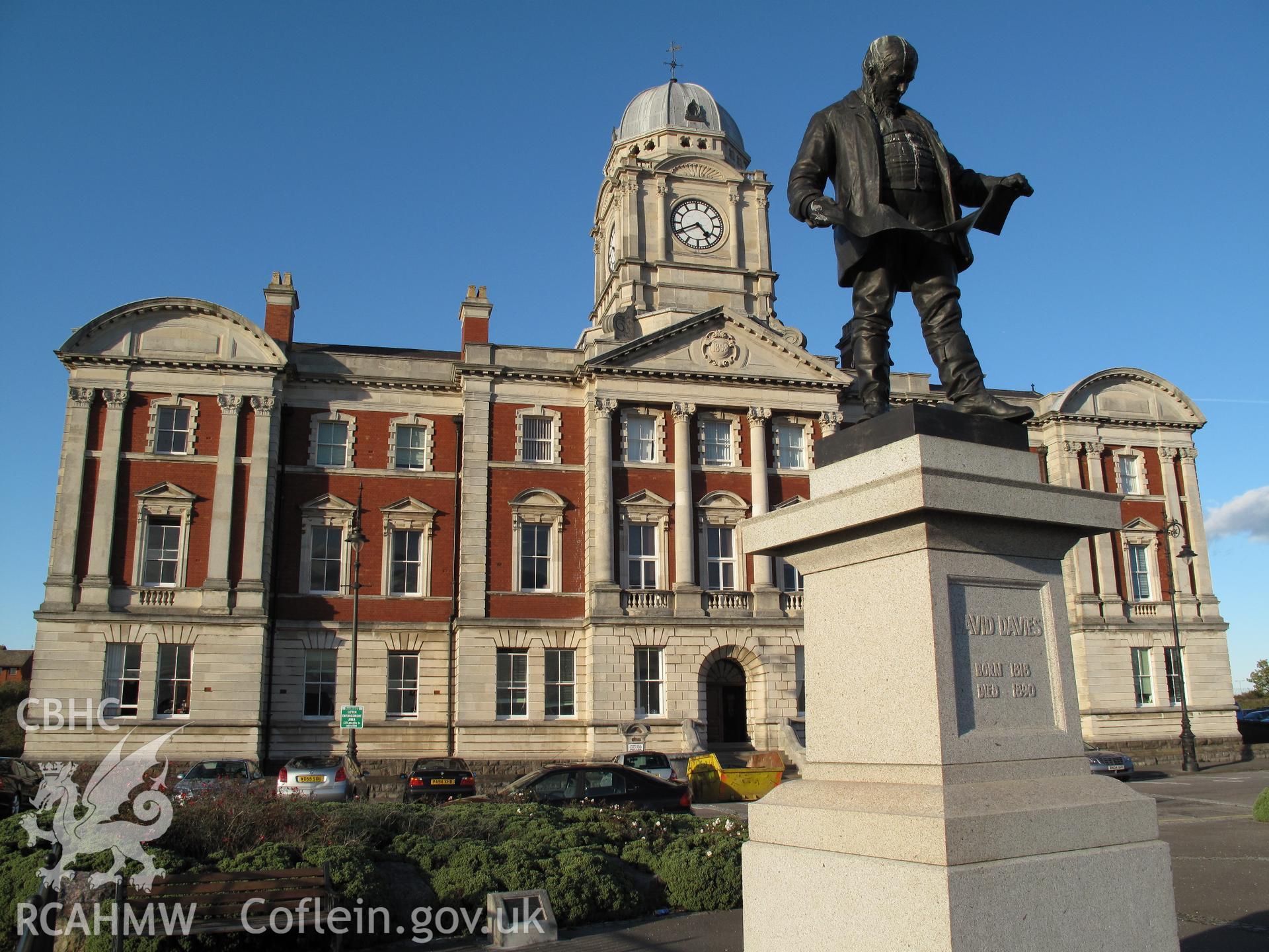 View of Barry Docks Board Office and statue of David Davies from the south, taken by Brian Malaws on 20 October 2010.