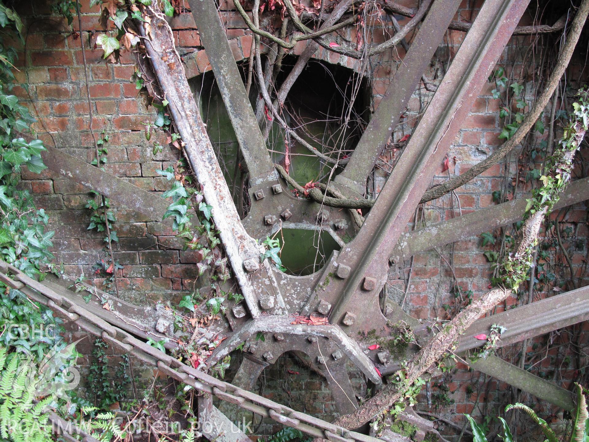 Detail of waterwheel at Llifior Mill, Garthmyl, taken by Hilary Malaws on 17 October 2009.