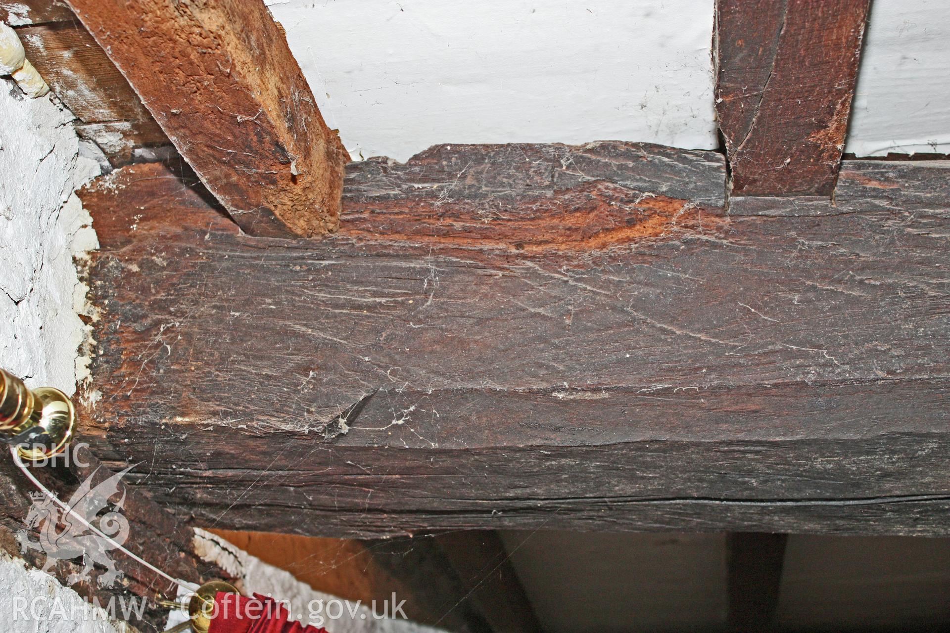 Glantywi House bakehouse, interior view, ceiling beam detail.