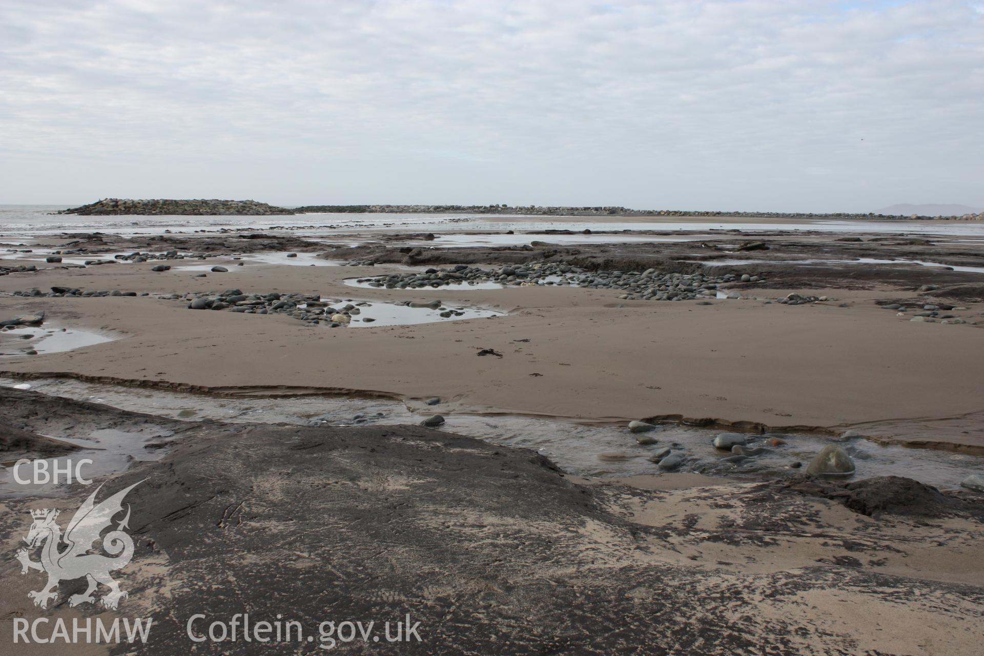 Borth submerged forest (between RNLI lifeboat station and upper Borth), looking north towards Ynyslas. Close-up of peat exposure surface with further exposures and temporary causeway and artificial reef in background