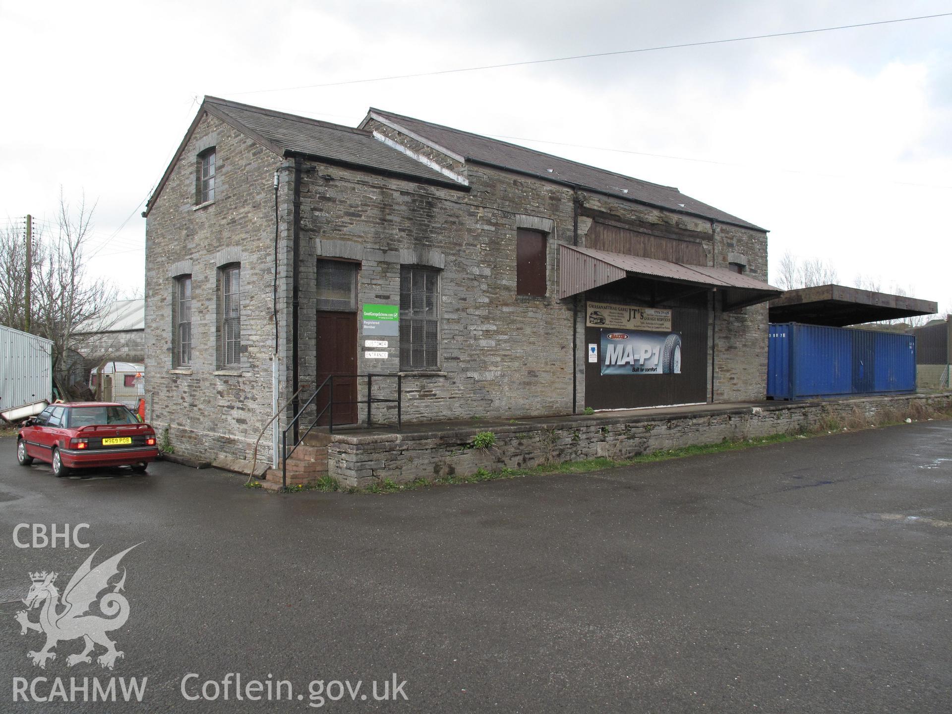Goods Shed, Cardigan Railway Station, from the south, taken by Brian Malaws on 14 April 2010.
