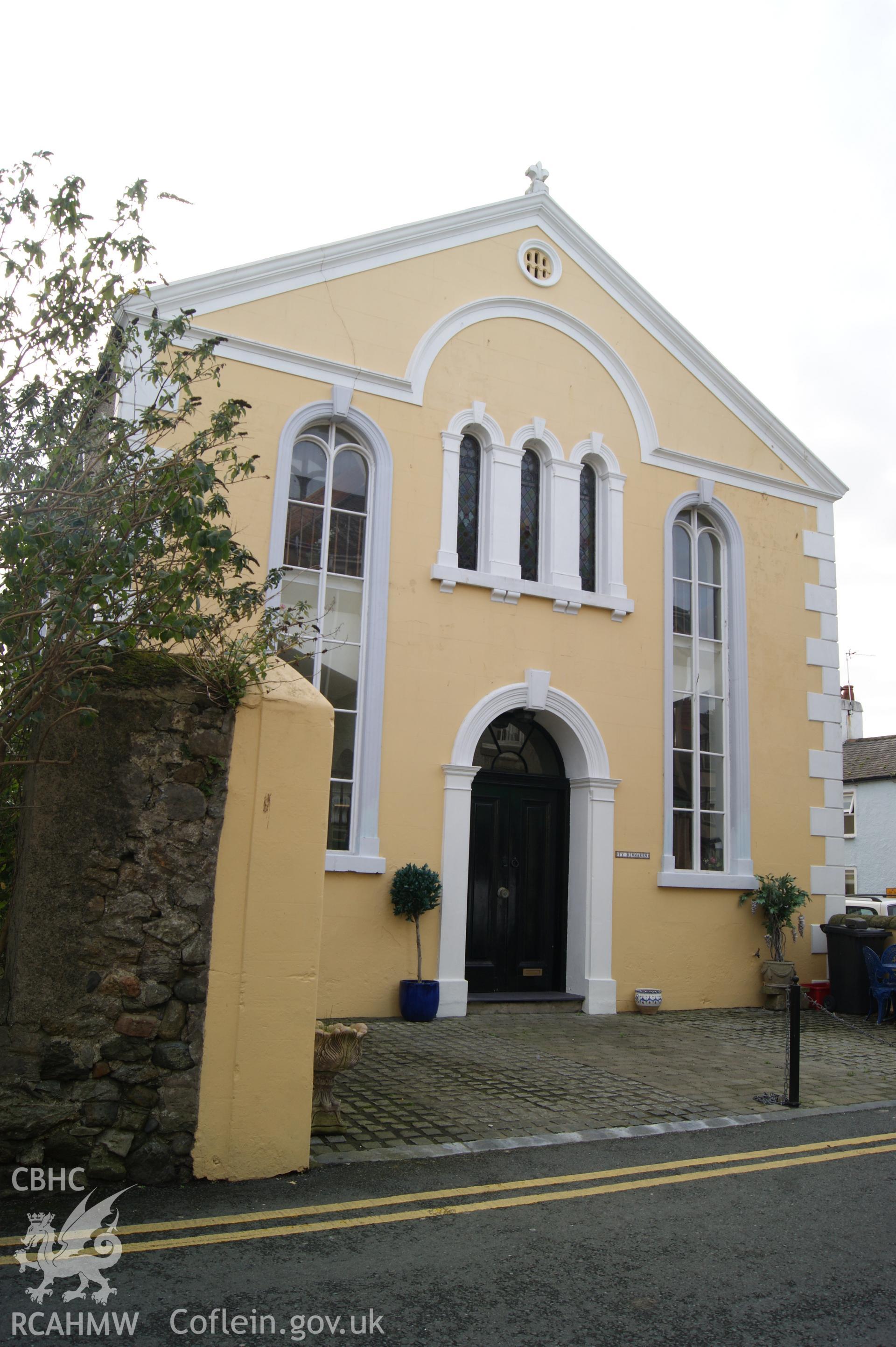 Capel Seion front elevation looking southwest, showing triple arch window and giant arch in gable