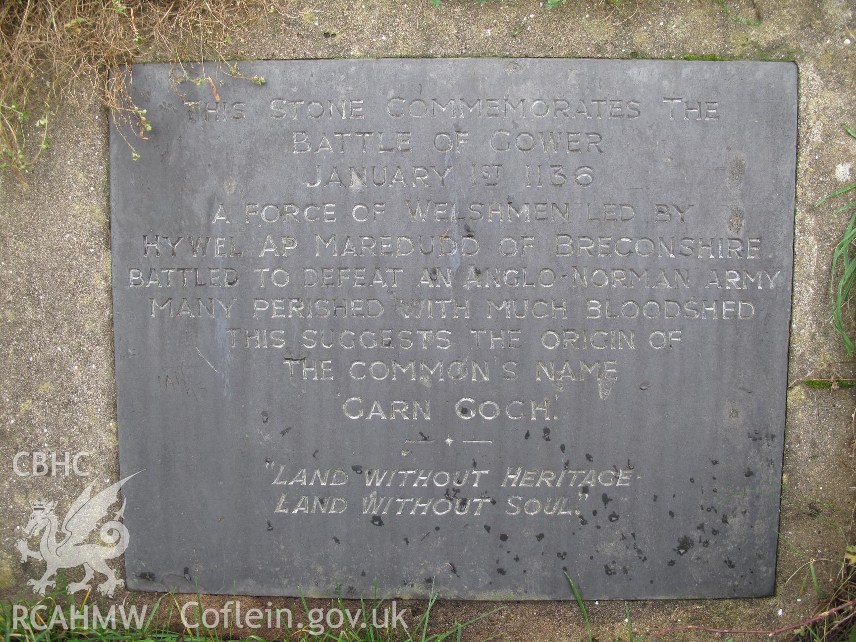 English plaque, Battle of Gower Monument, taken by Brian Malaws on 21 Dcember 2011.