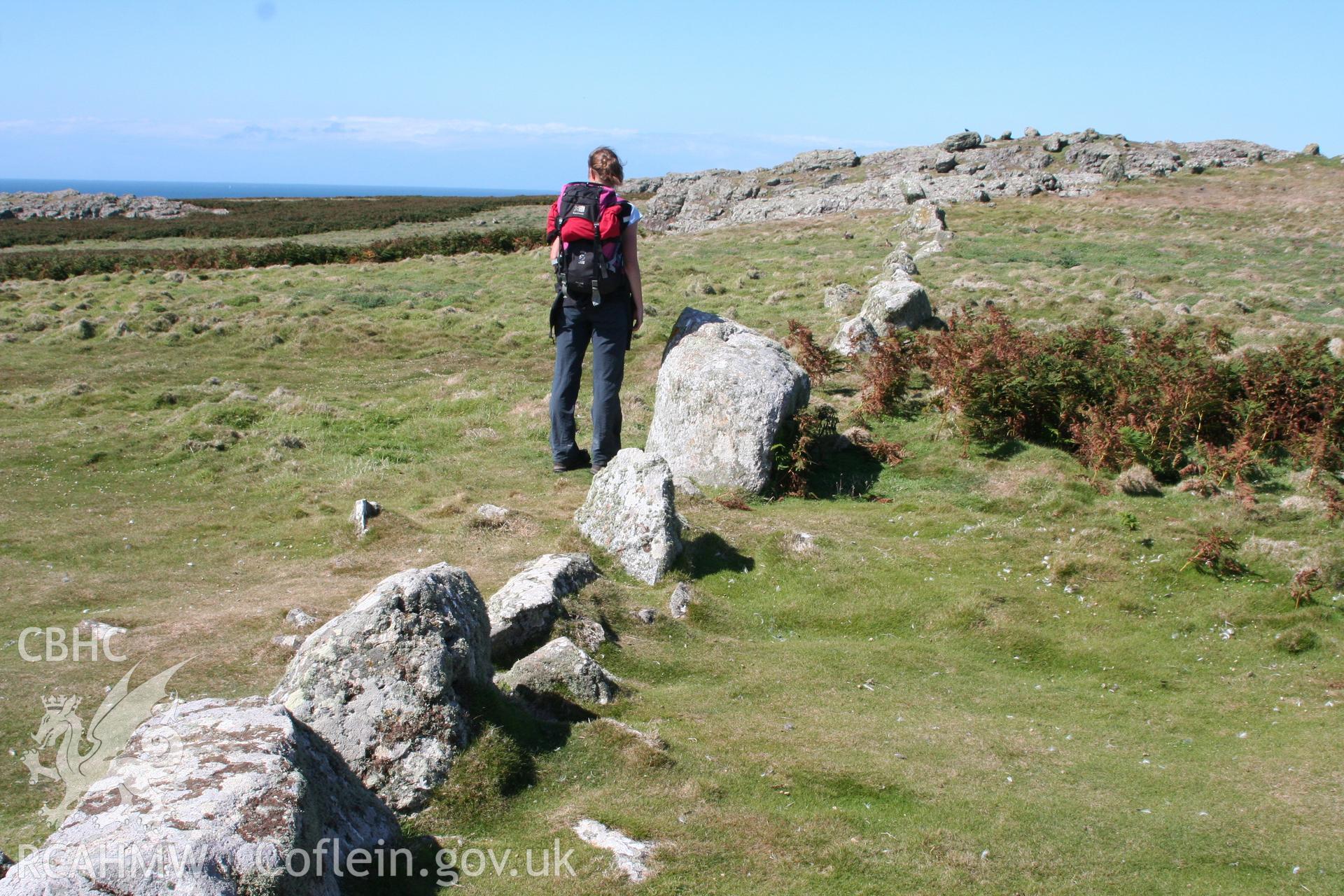 Prehistoric boulder walls north of Marble Rocks, west Skomer, at SM 7153 0949.