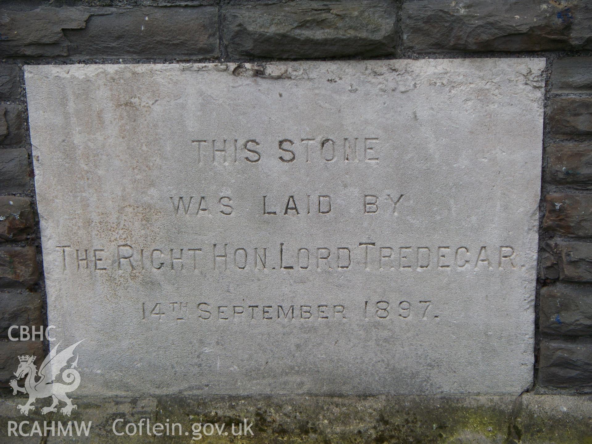 Foundation stone, The right Hon. Lord Tredegar, 14 September 1897.