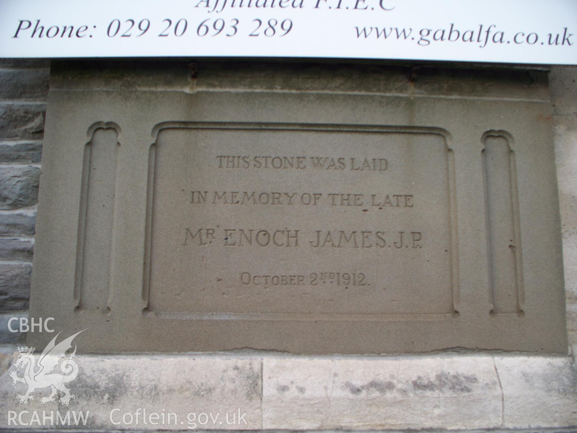 Memorial stone, Mr Enoch Jones JP, October 2nd 1912.