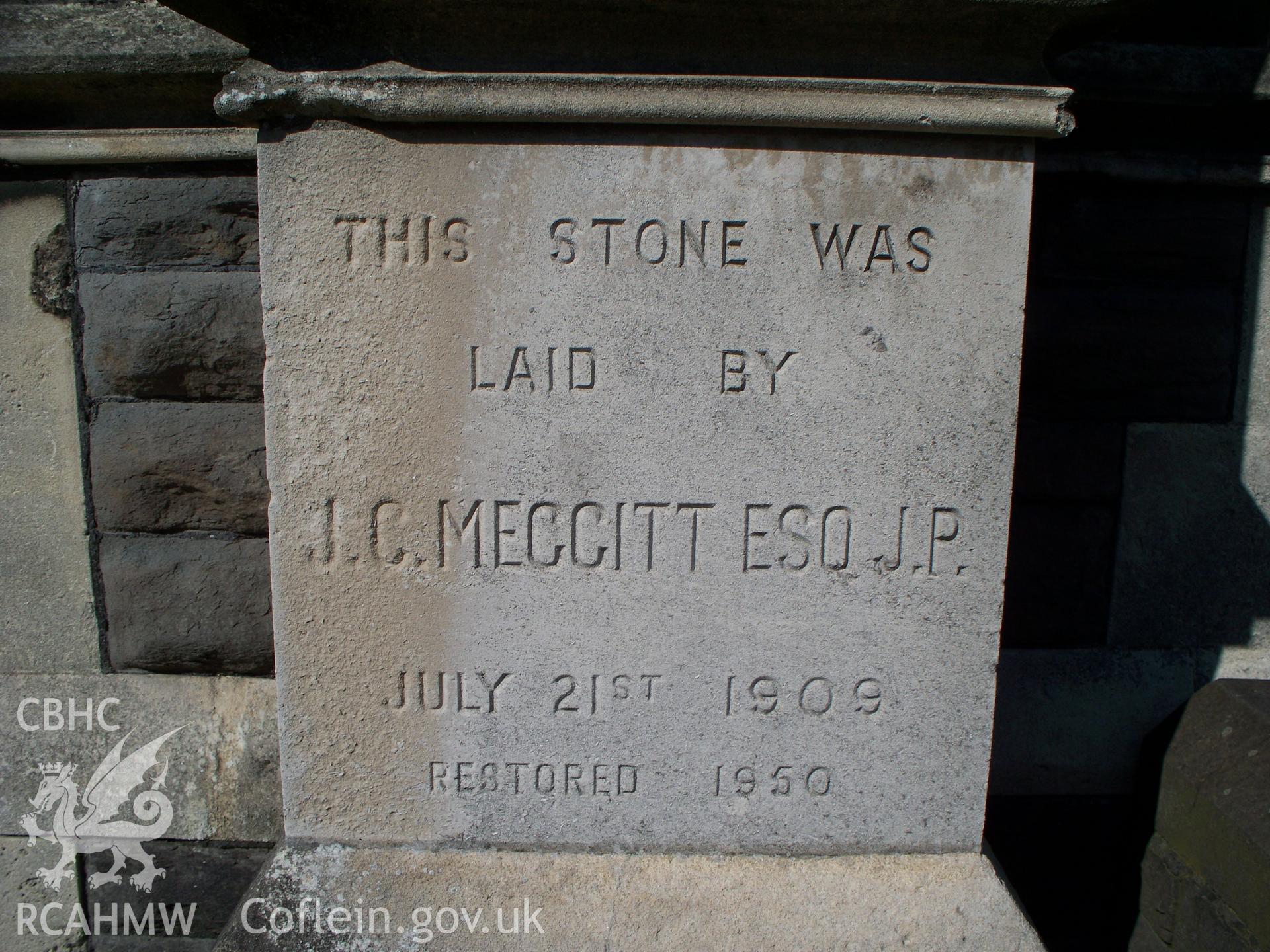 Foundation stone, J C Meggitt esq Jp.