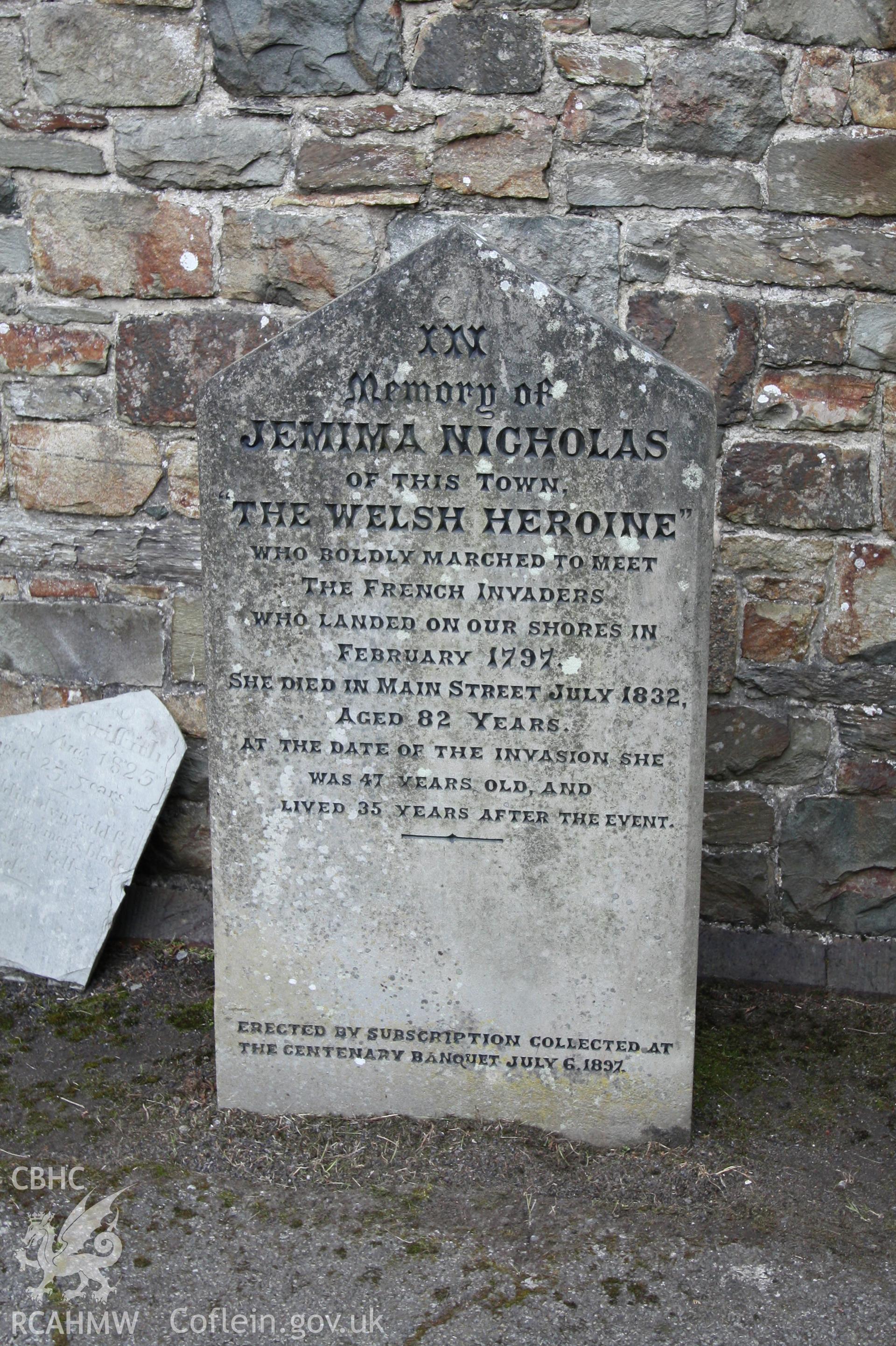 St Mary's Church, detail of memorial stone to Jemima Nicholas, 'The Welsh Heroine'.