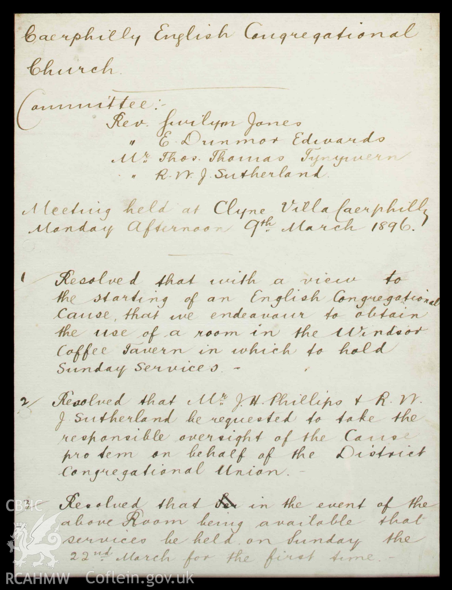 Letter resolving to found an English Congregational Cause. 1896.