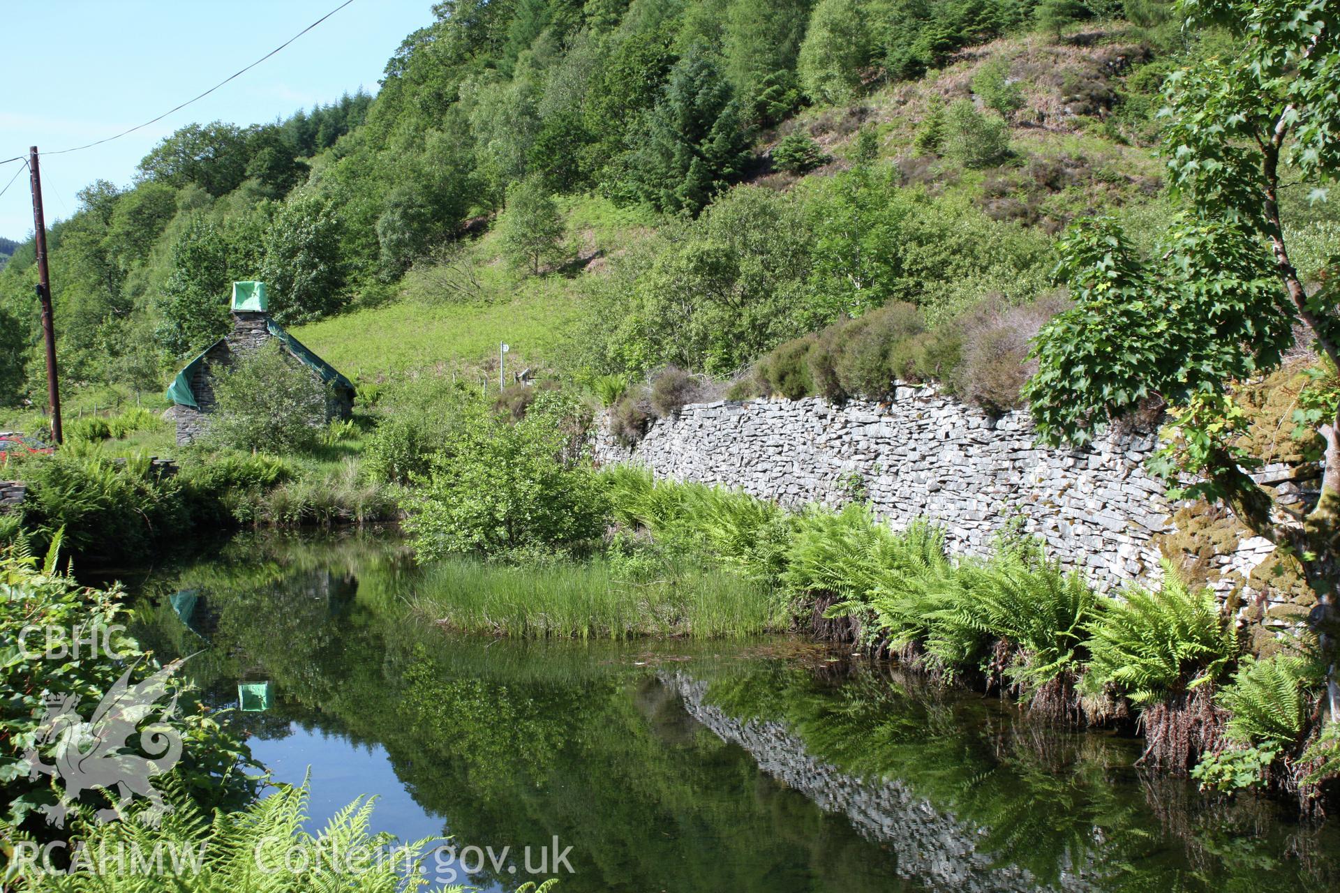 Aberllefenni Slate Quarry reservoir and dam, looking south to the Quarry Office.