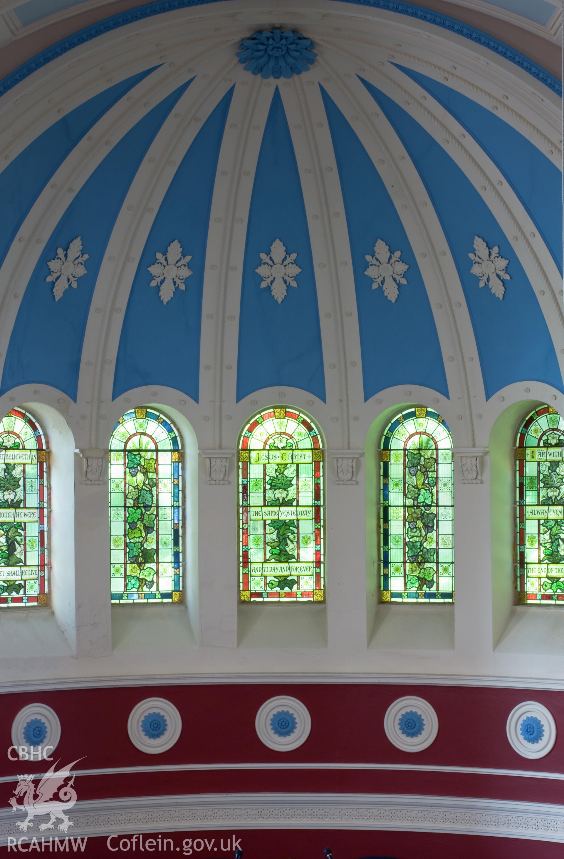 Ground floor, detail of roof and windows over sedd fawr.