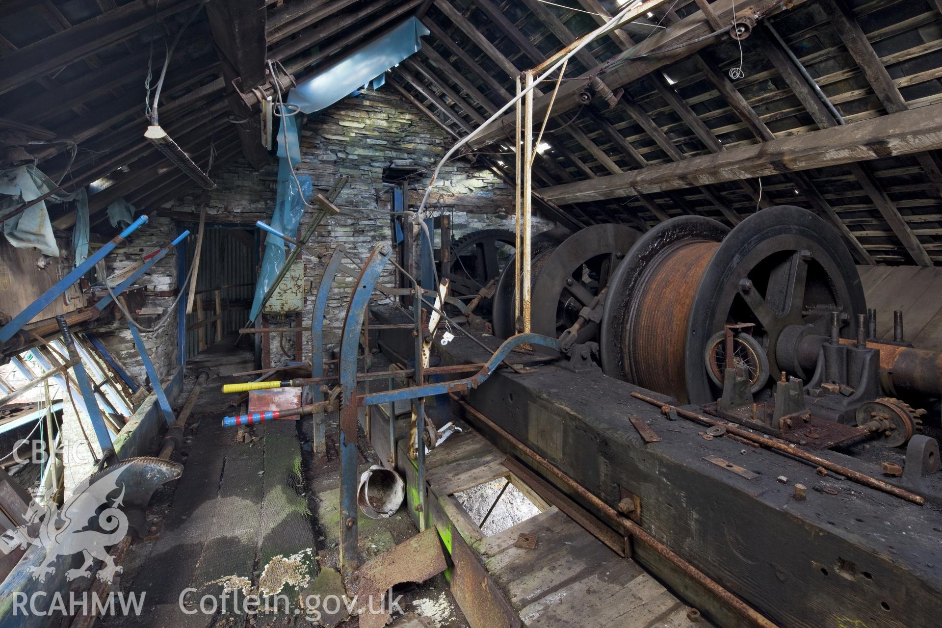 Interior of winding house. Winding drums and brakes.