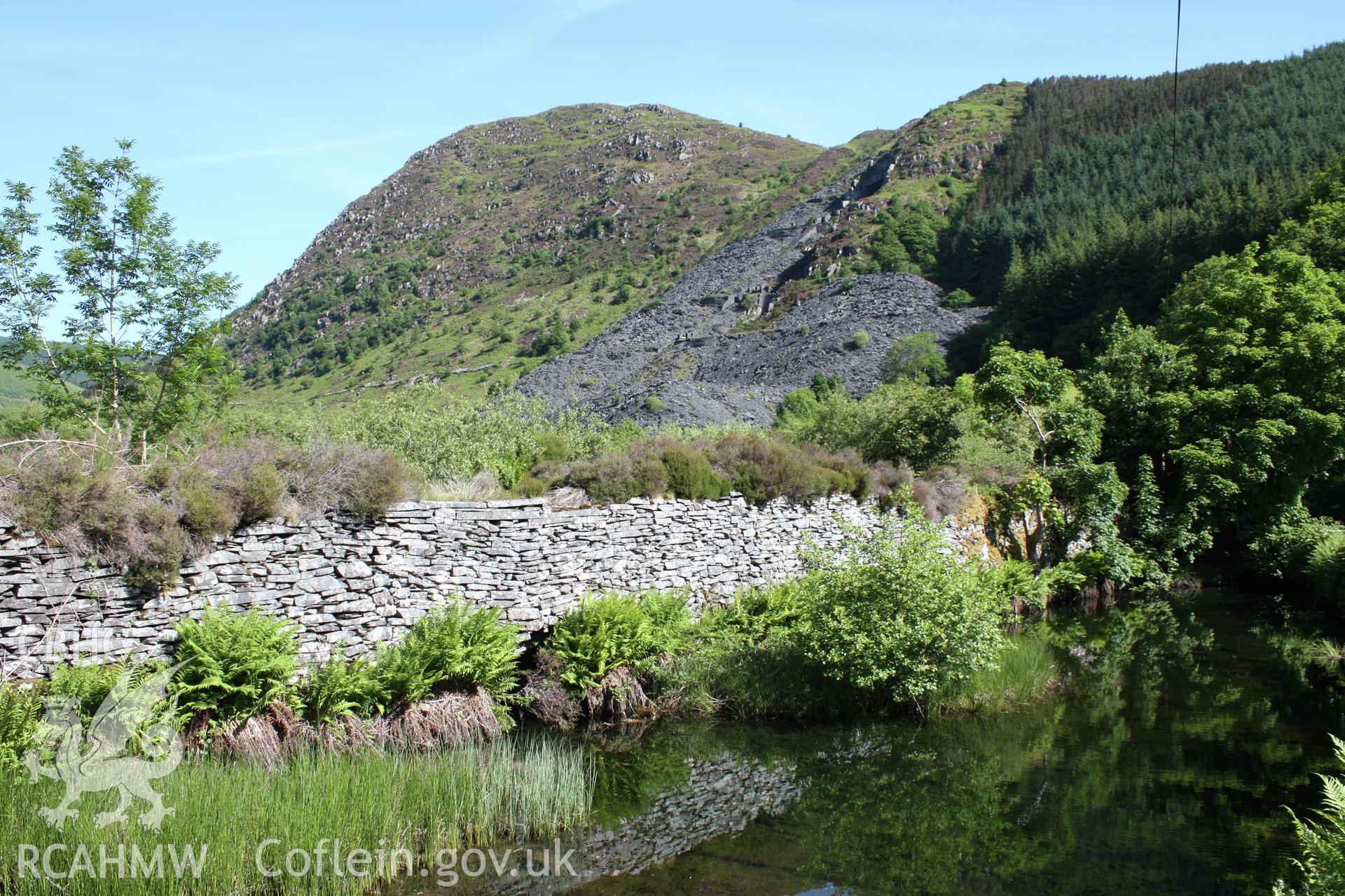 Aberllefenni Slate Quarry reservoir and dam, looking northwest to the Foel Grochan Quarry.