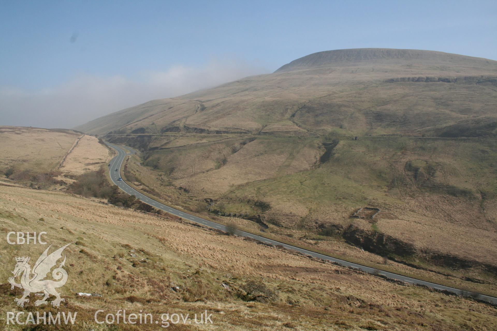 Tramroad formation south of Crai, seen from the hillside above Bwlch Bryn-rhudd in the Tywynni valley; the formation is the terrace running across the centre of the picture from left to right.