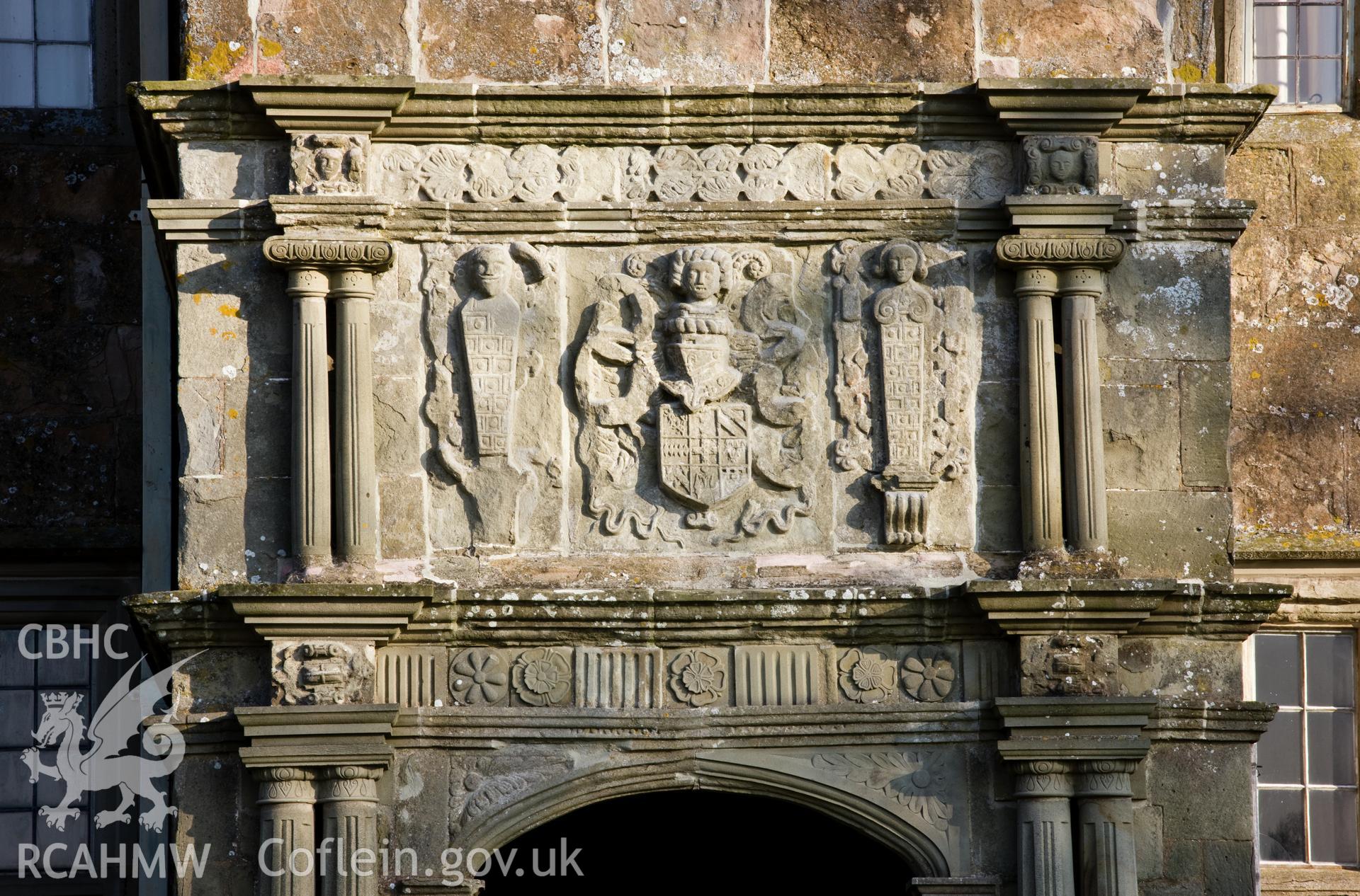 Detail of coat of arms on entrance porch.