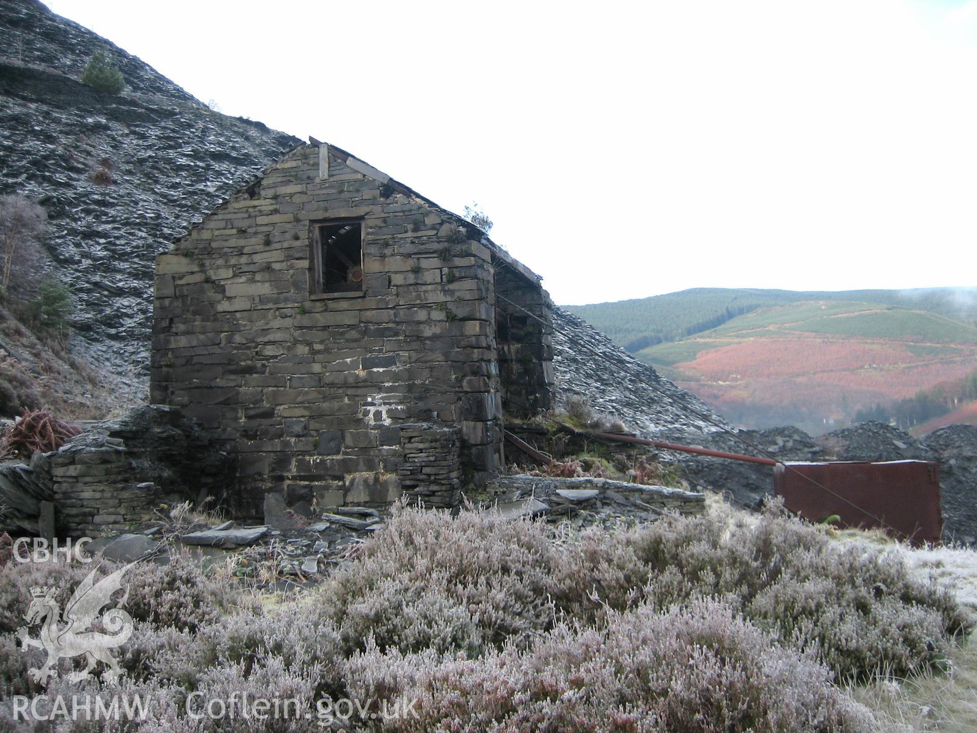Drum house of the water-balance incline and the remains of the brake man's cabin, taken from the east.