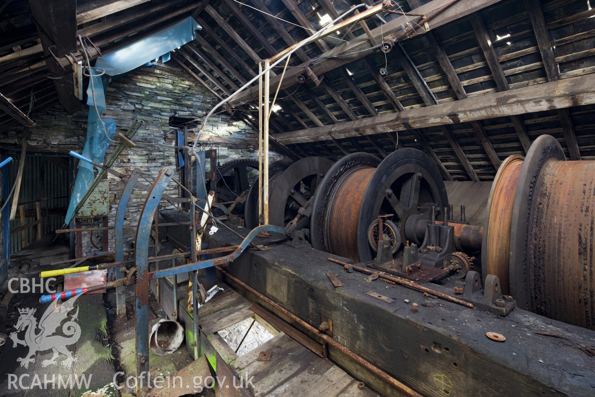Interior of winding house. Winding drums and brakes.