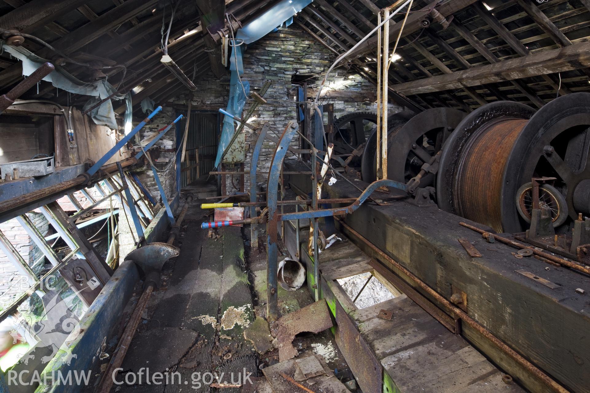 Interior of winding house. Winding drums and brakes.