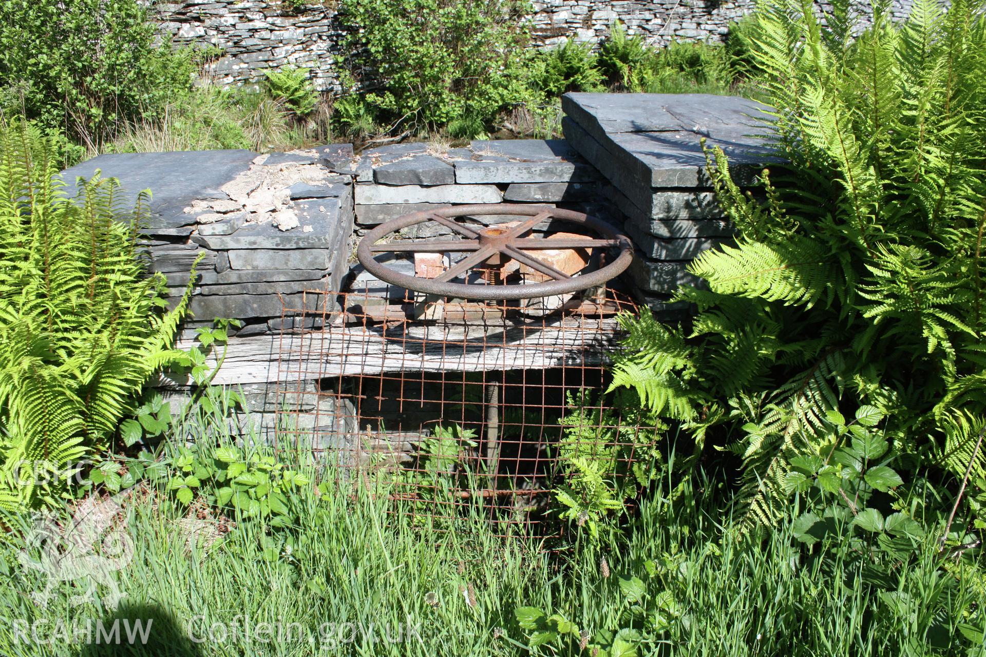 Aberllefenni Slate Quarry reservoir and dam.  Sluice gate machinery.