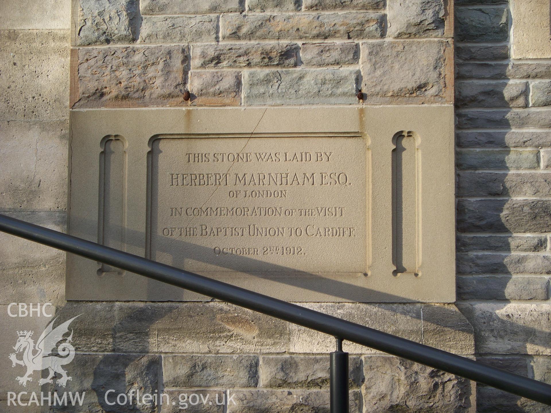 Commemerative stone, Baptist Union visit to Cardiff, October 2nd 1912.