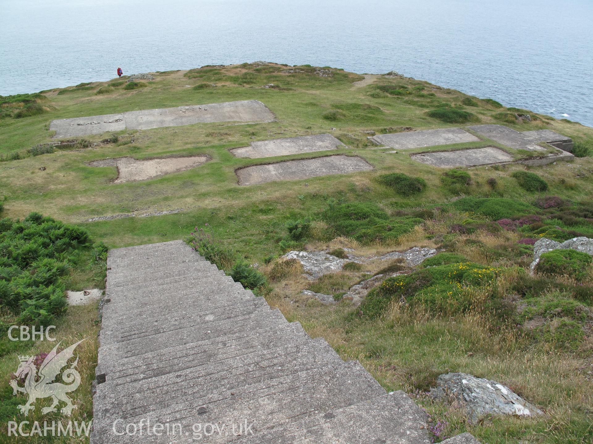 Steps and Second World War emplacement from northwest.