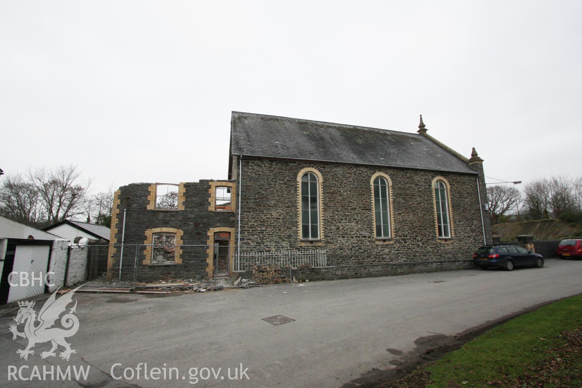Gosen Calvinistic Methodist Chapel, Rhydyfelin, side elevation and attached chapel house to the rear (during demolition), viewed from the south.