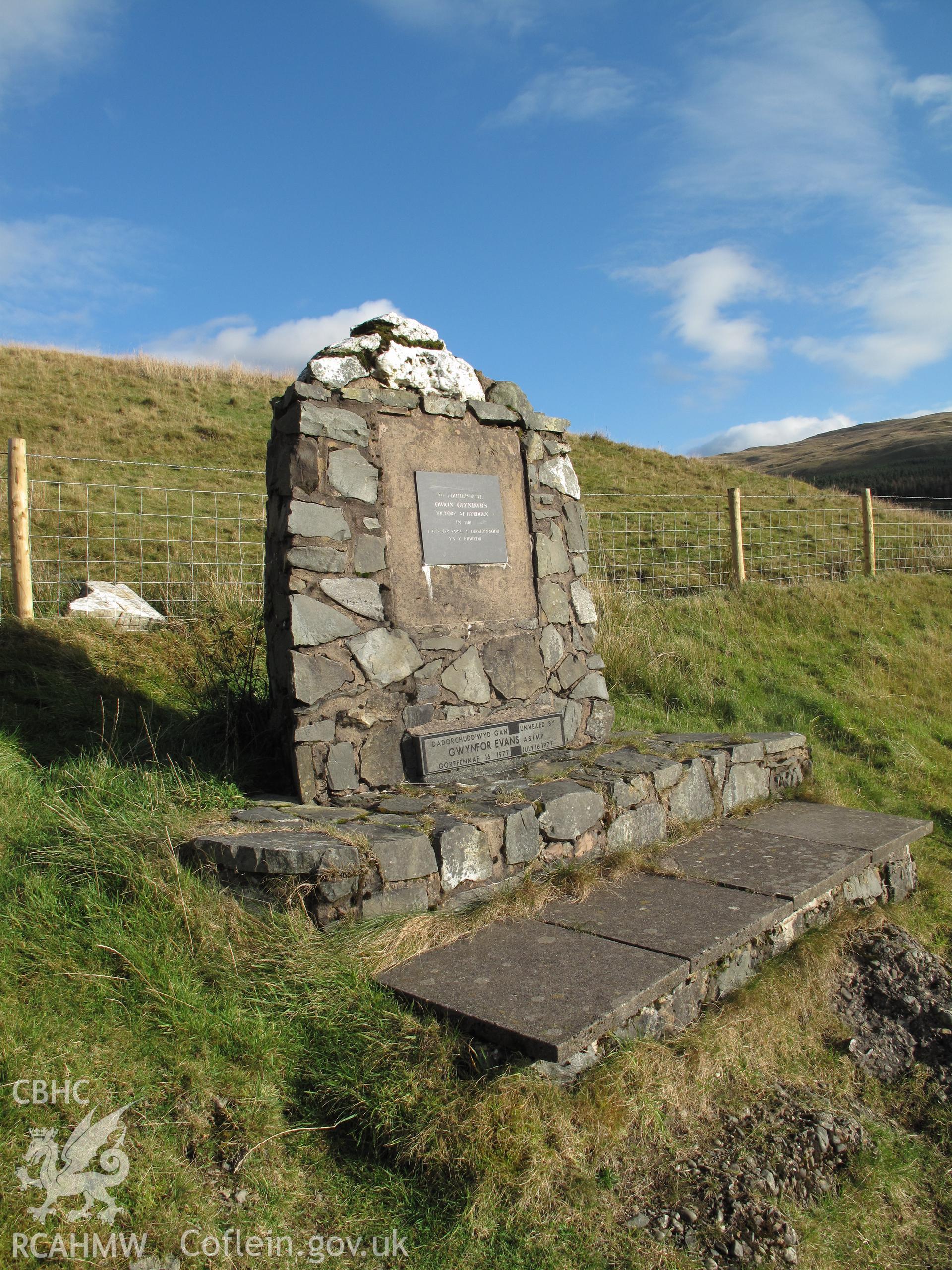 Battle of Hyddgen Monument from the northwest, taken by Brian Malaws 10 November 2010.