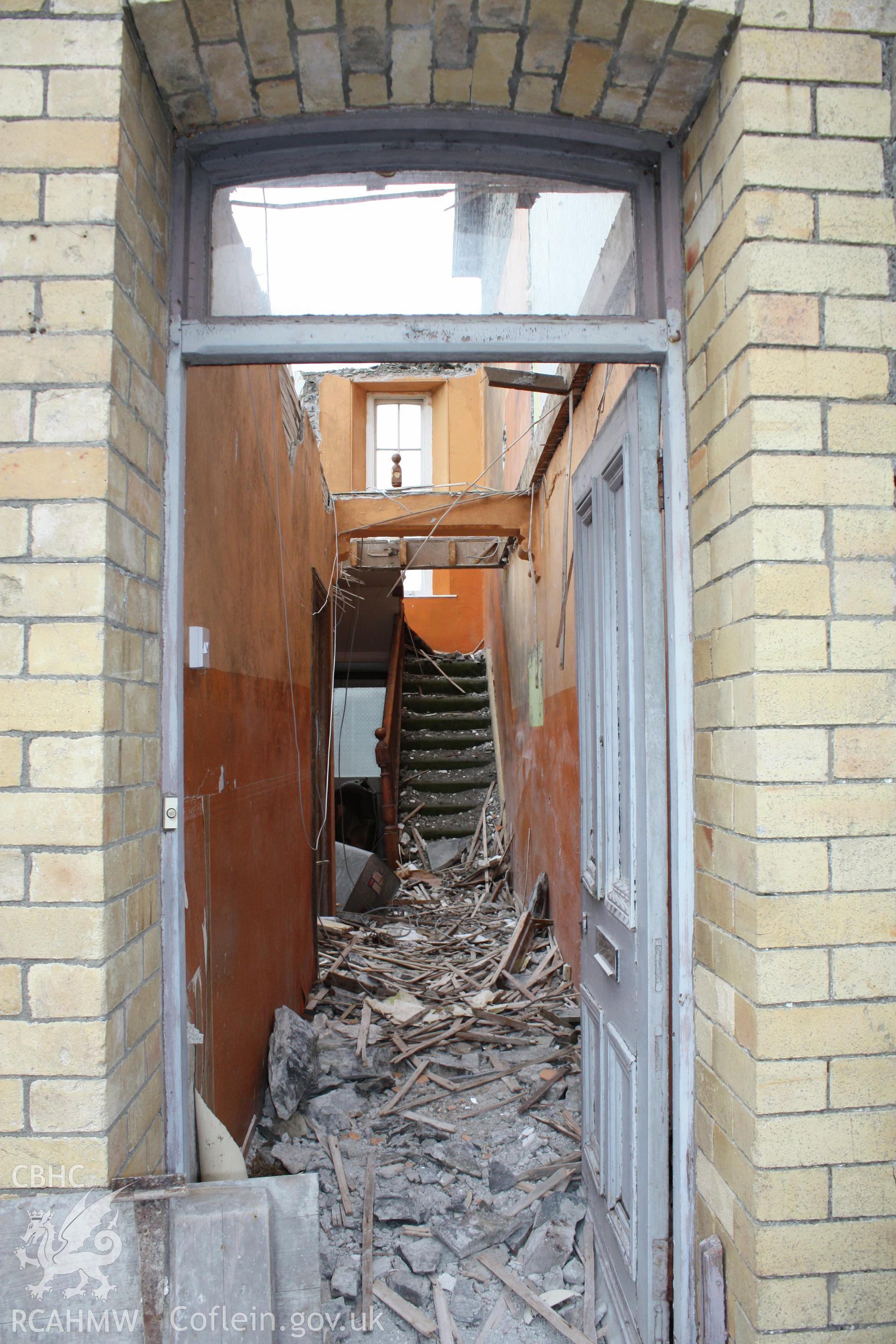 Chapel house attached to Gosen Chapel, Rhydyfelin during demolition, view of the hallway from south.Chapel house attached to Gosen Chapel, Rhydyfelin during demolition