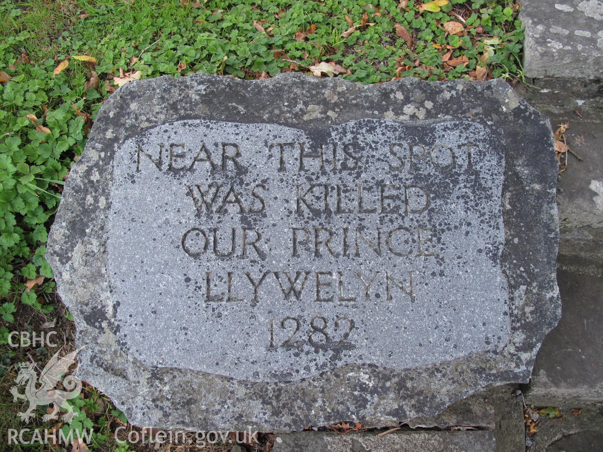 Detail of English stone, Llywelyn Monument, Cilmeri, taken by Brian Malaws on 27 September 2010.