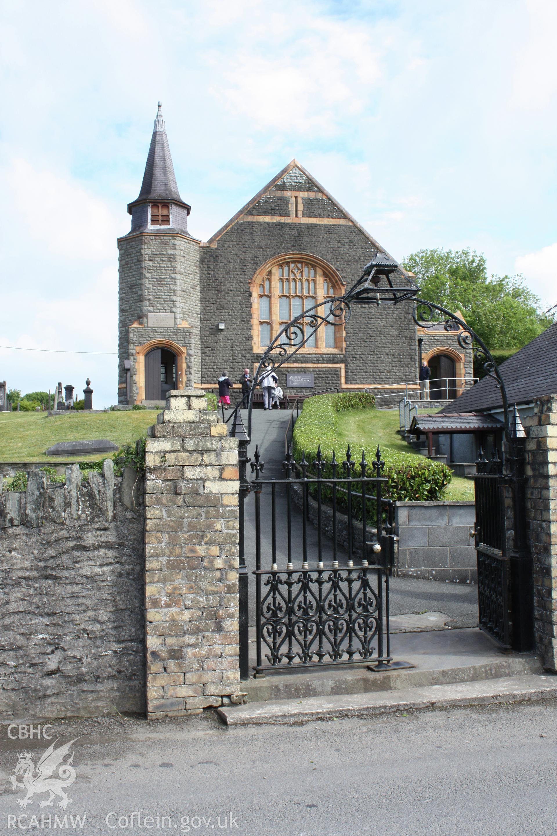 Brondeifi Unitarian Chapel, exterior view from the south with gates.