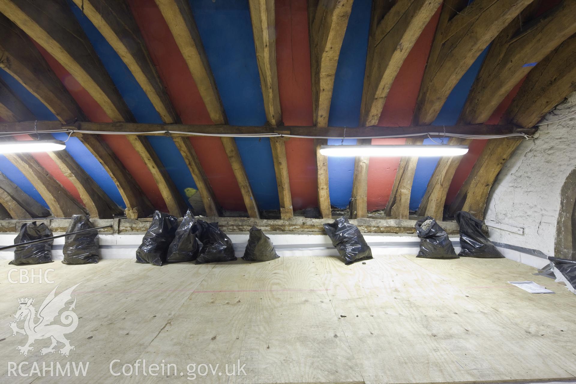 Interior of south aisle roof,east end.