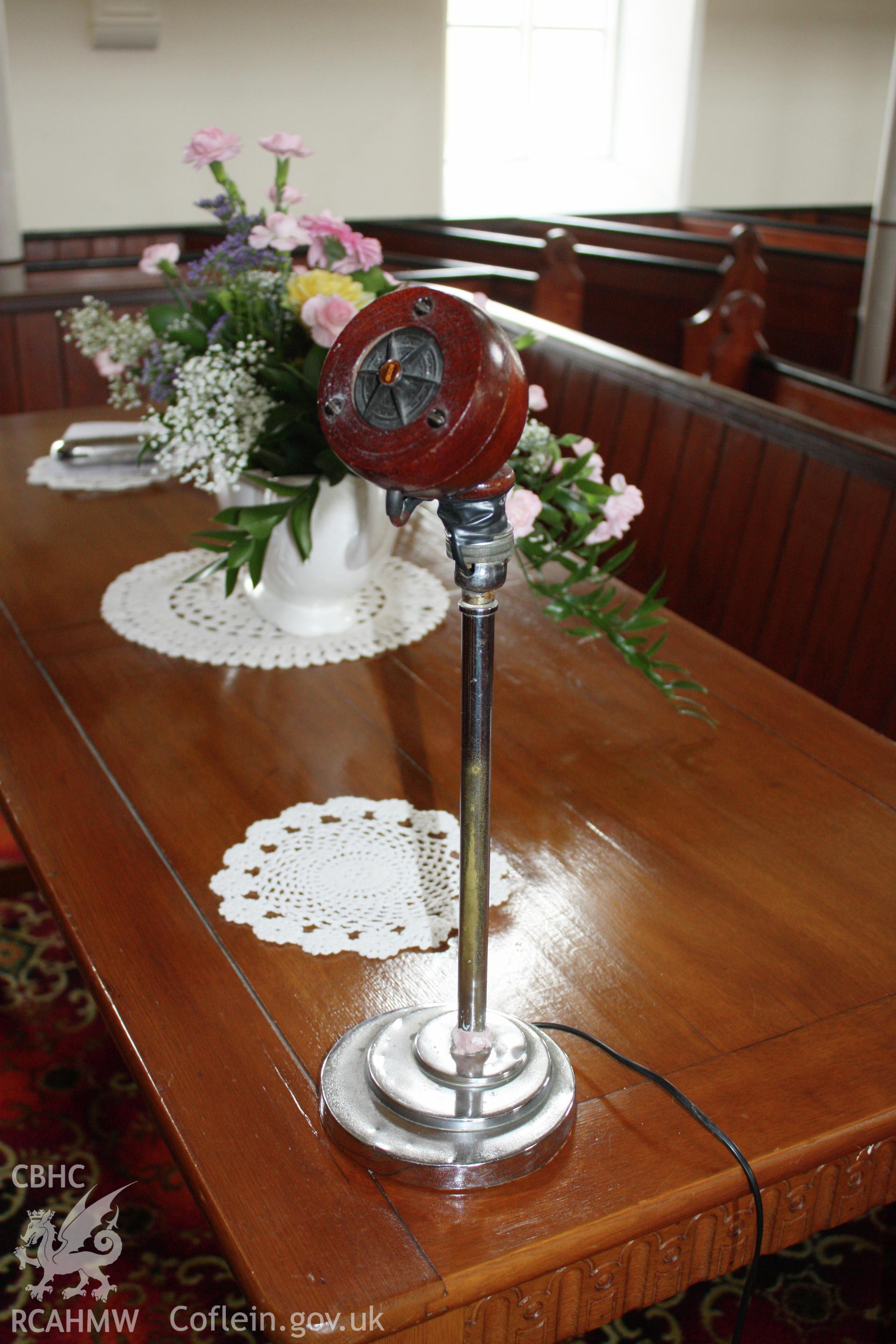 Soar chapel, detail of microphone on communion table.