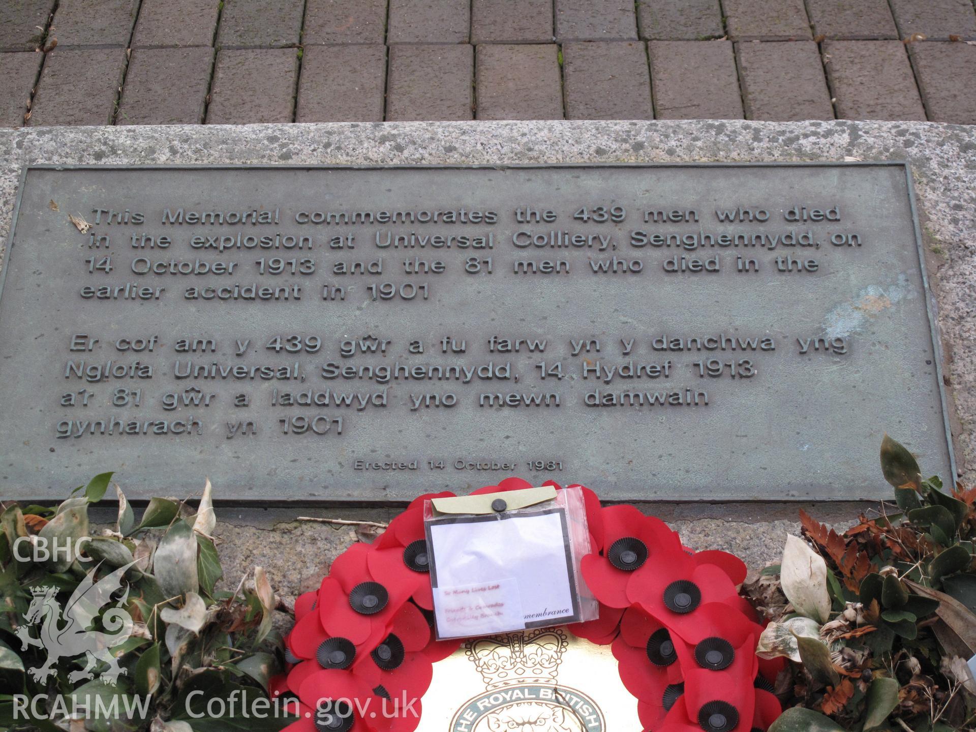 Detail of plaque at Universal Colliery Memorial, Senghenydd, taken by Brian Malaws on 12 February 2010.