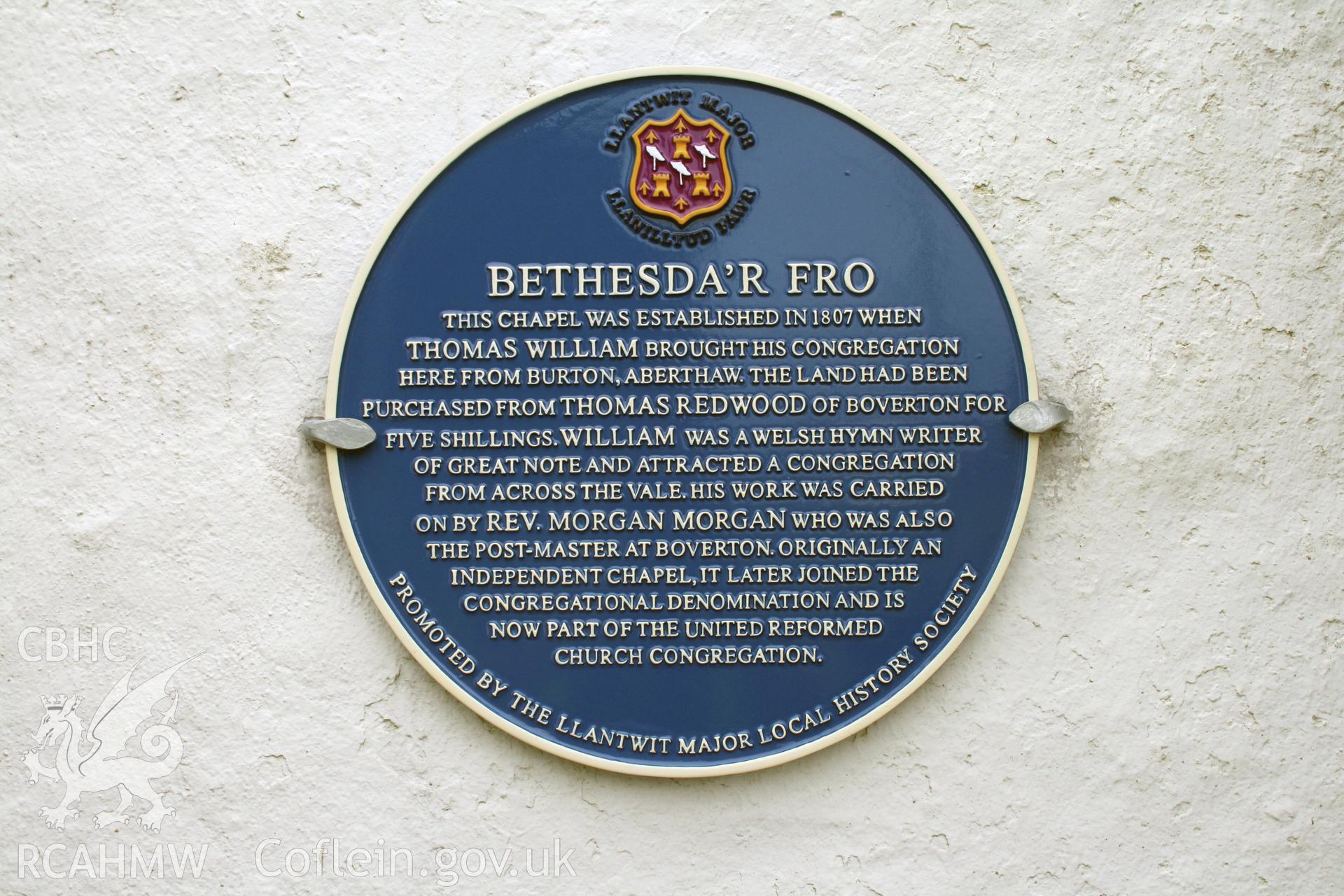 Bethesda Independent chapel, Boverton, detail of plaque