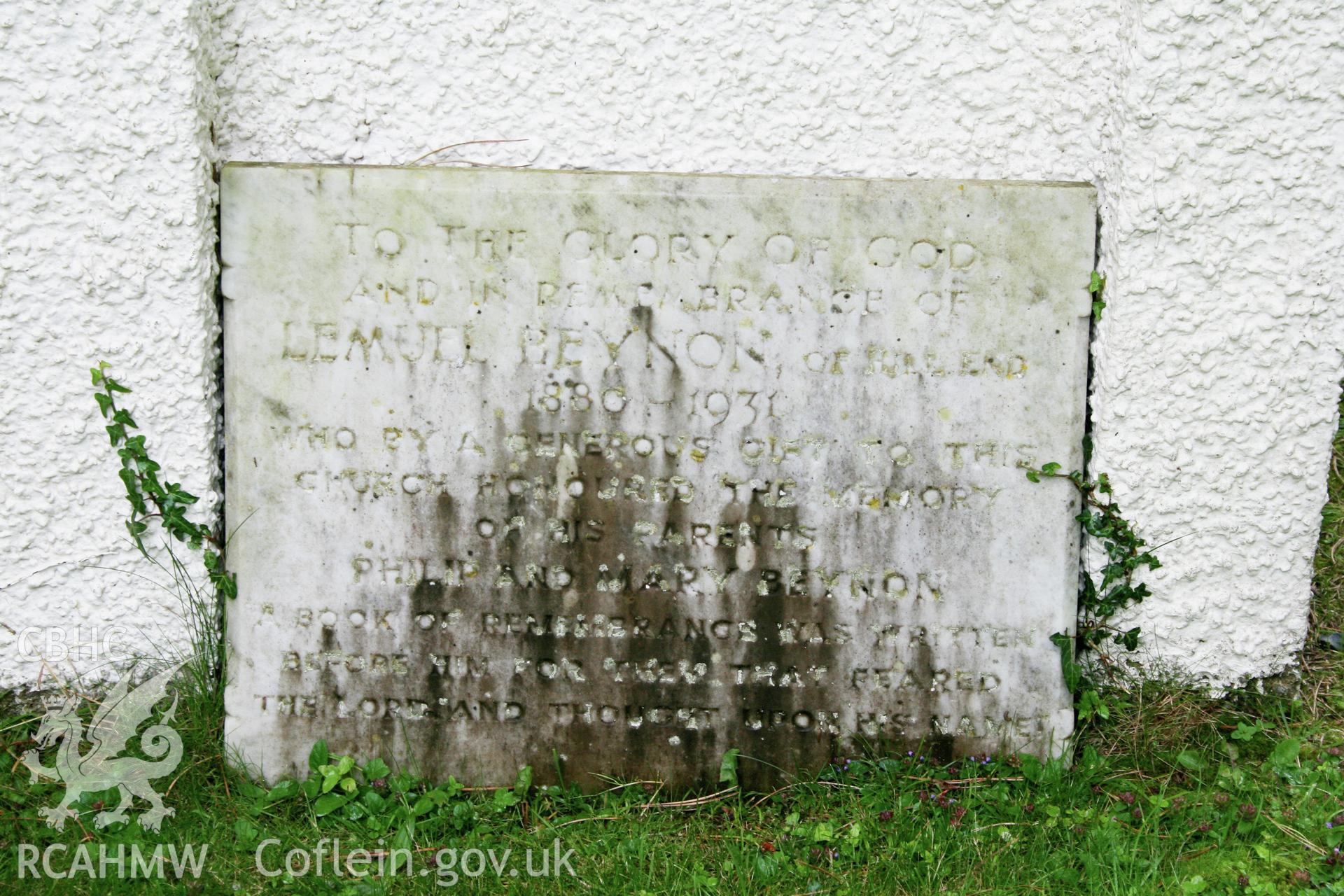 Bethesda Calvinistic Methodist Chapel, Burry Green, detail of memorial