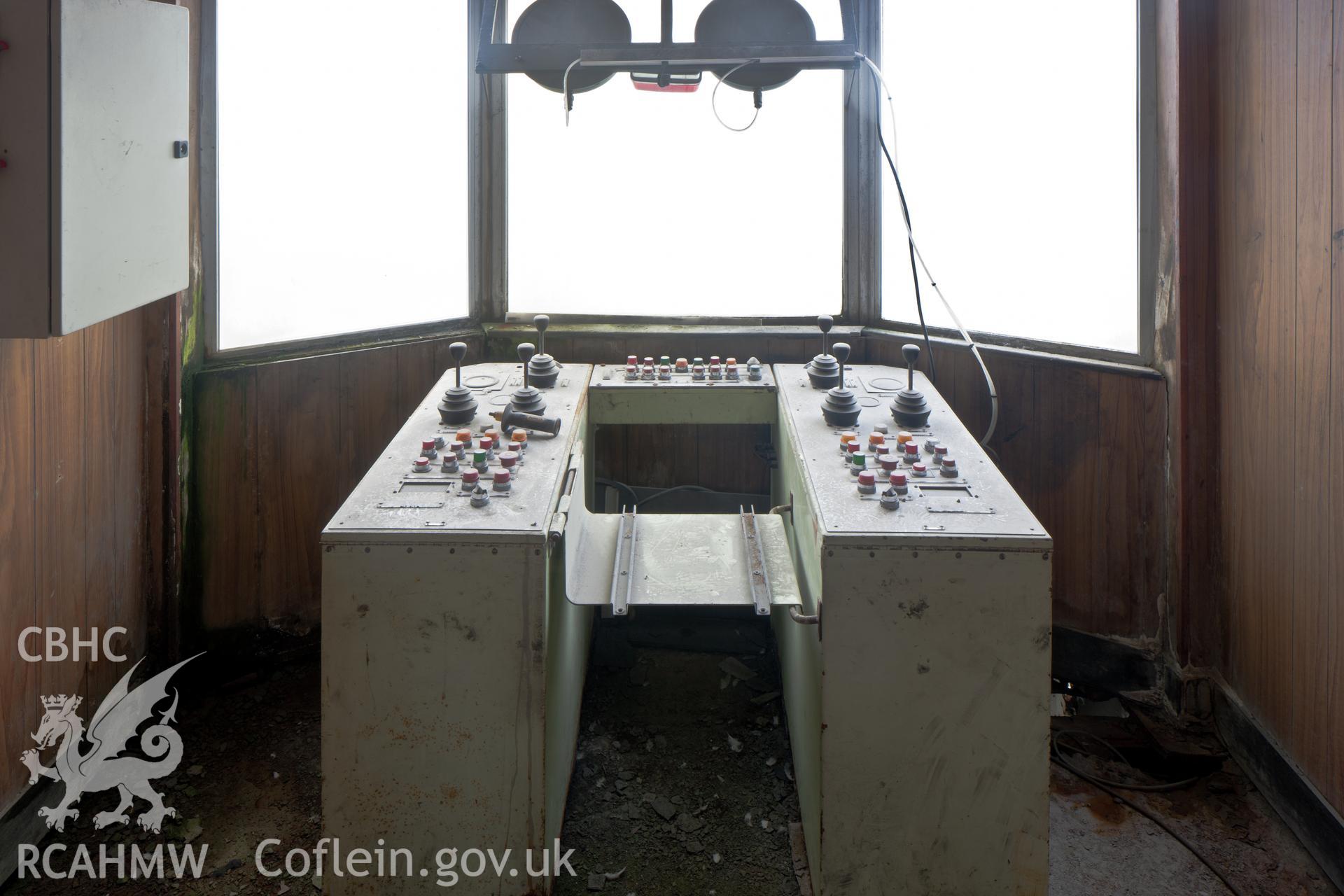 Control room located in the upper storey of the northern travelling unloader situated at the end of Salt Island Jetty. Taken by Iain Wright, 5/10/11