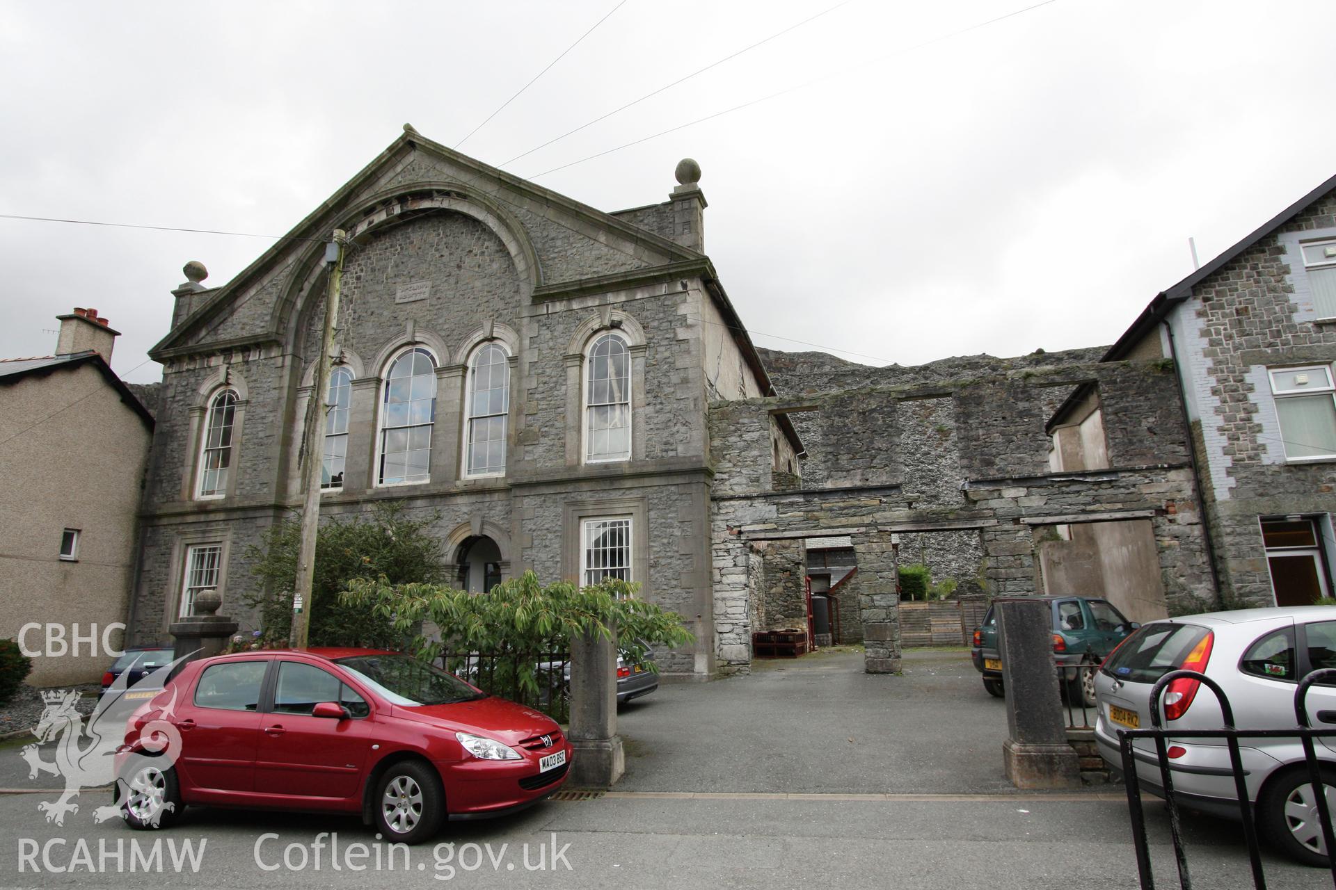Rhiw Calvinistic Methodist chapel, main facade and remains of adjacent building viewed from the eastst.