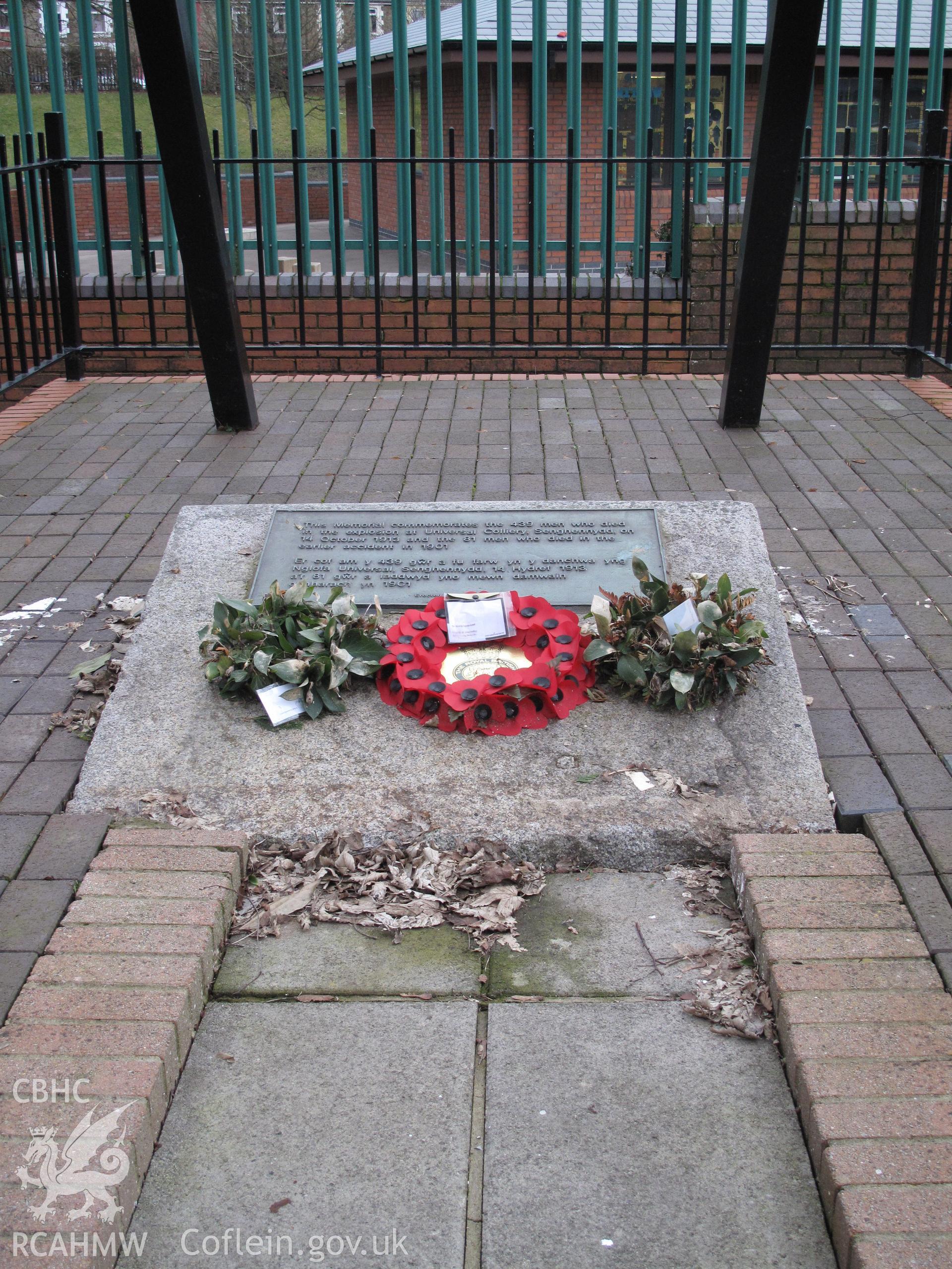 Plaque at Universal Colliery Memorial, Senghenydd, taken by Brian Malaws on 12 February 2010.