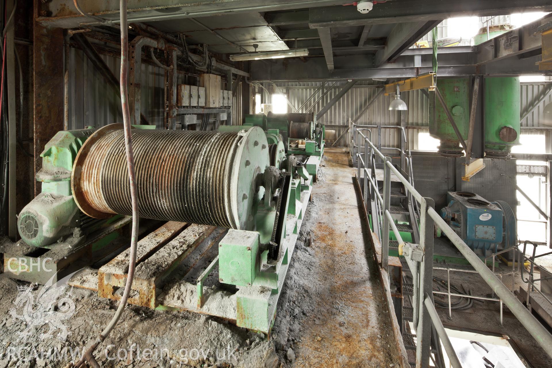 Winding drums and machinery within the northern travelling unloader situated at the end of the Salt Island Jetty. Taken by Iain Wright, 5/10/11.