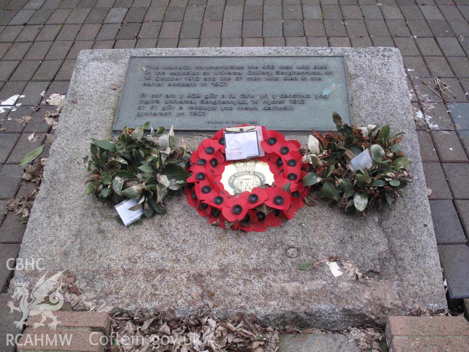 Plaque at Universal Colliery Memorial, Senghenydd, taken by Brian Malaws on 12 February 2010.
