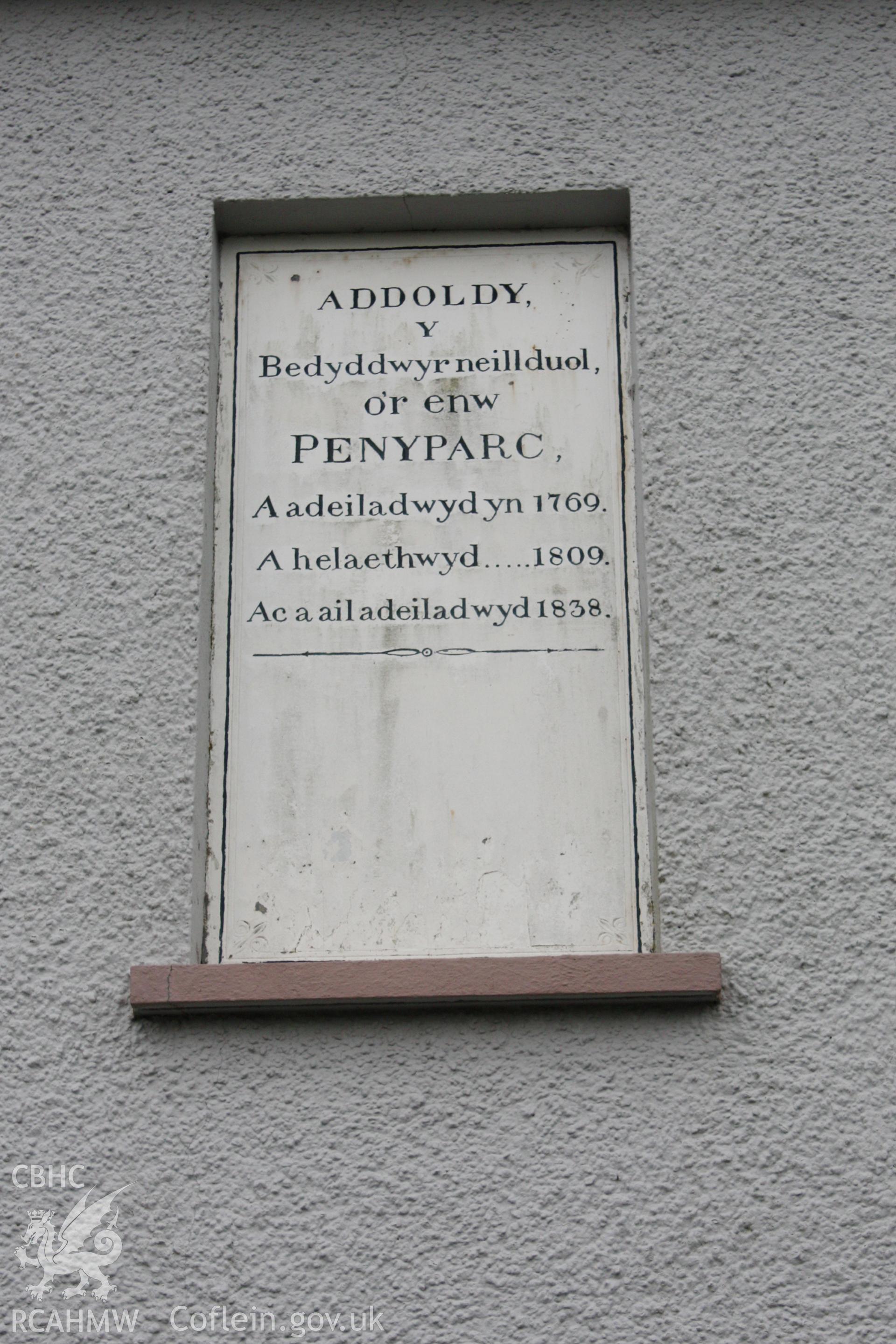 Penparc Baptist church, detail of plaque.
