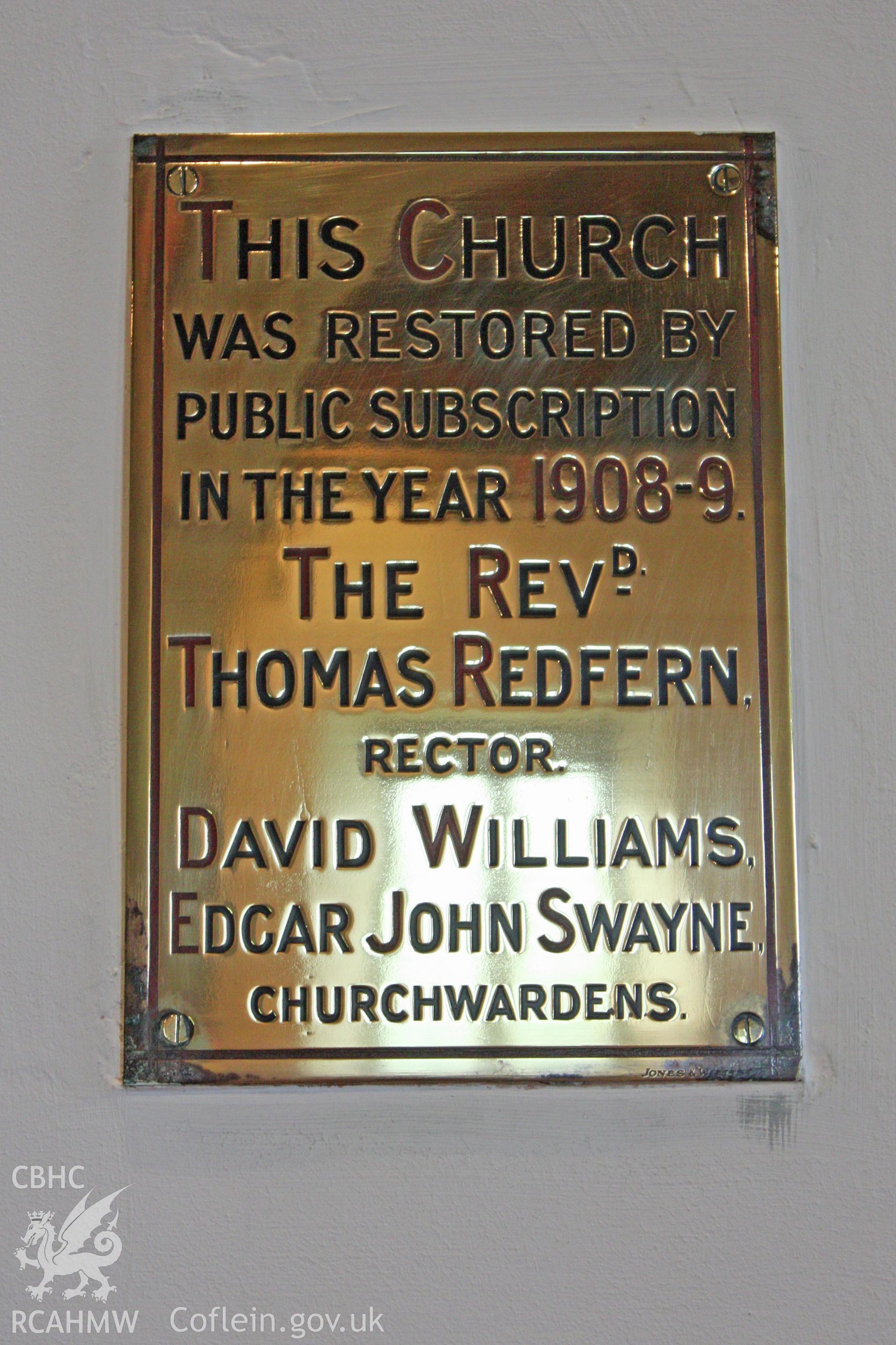 St Marcella's Church detail of interior brass plaque
