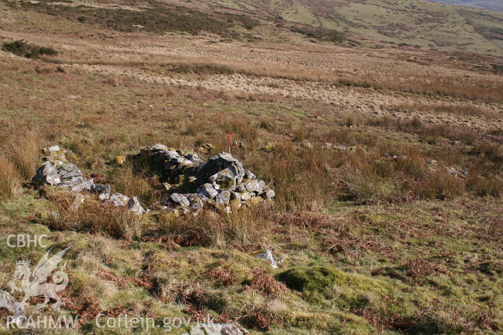 View from the west, long hut aligned from left to right with later fold at upper end; 1m scale.