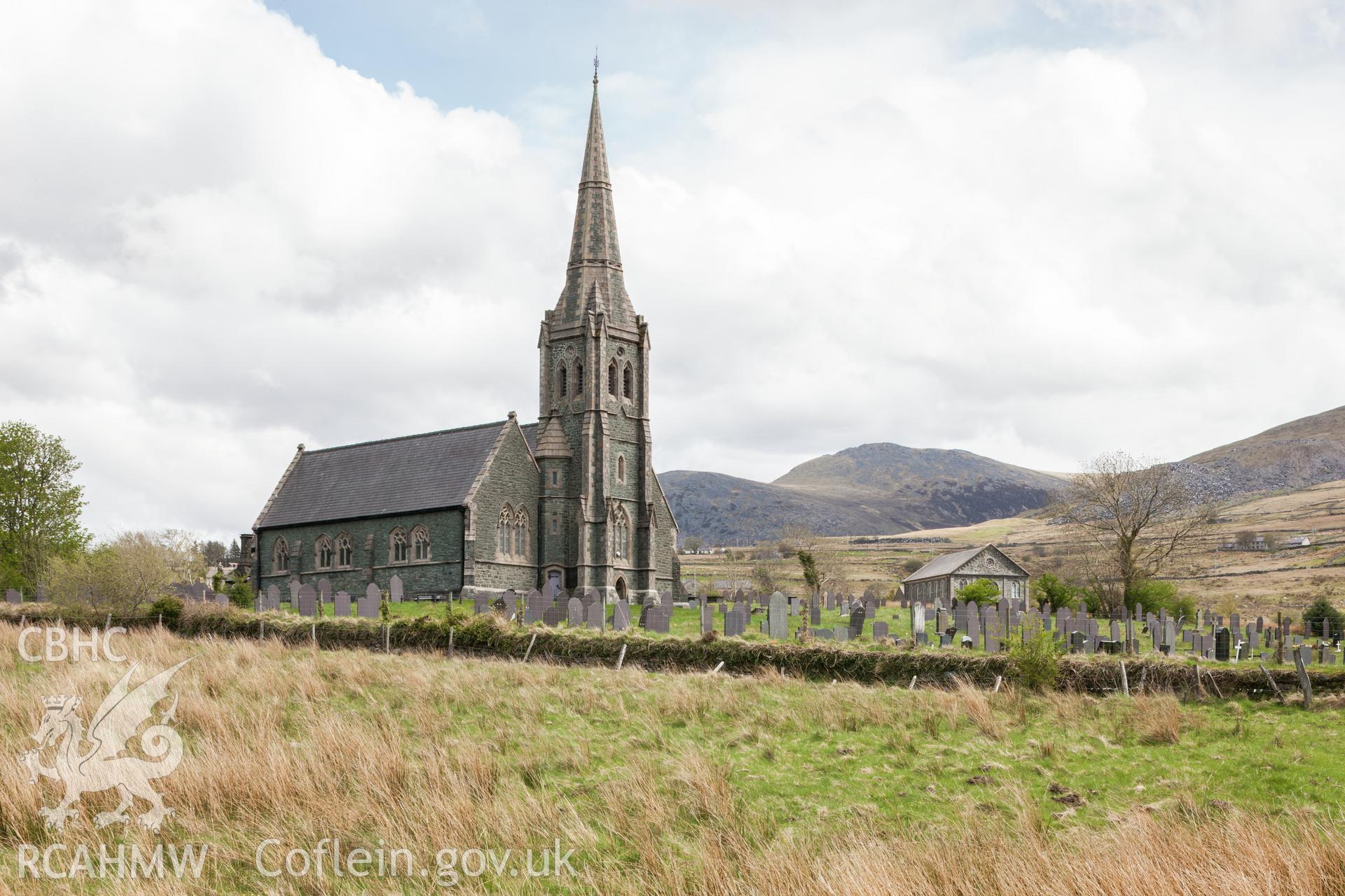 View of Eglwys Cris from the west southwest, Cefn-y-Waun Chapel in background