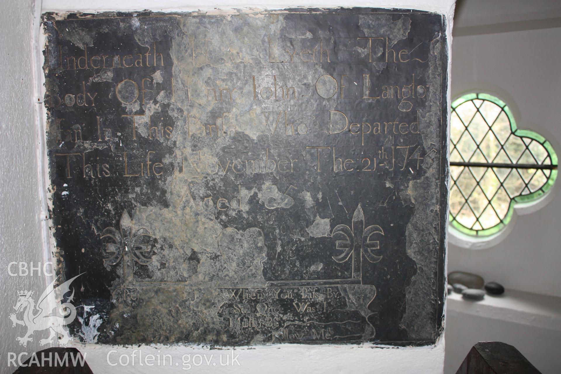 Memorial tablet to John (?) John of Langlos who departed this life on 21 November 1743