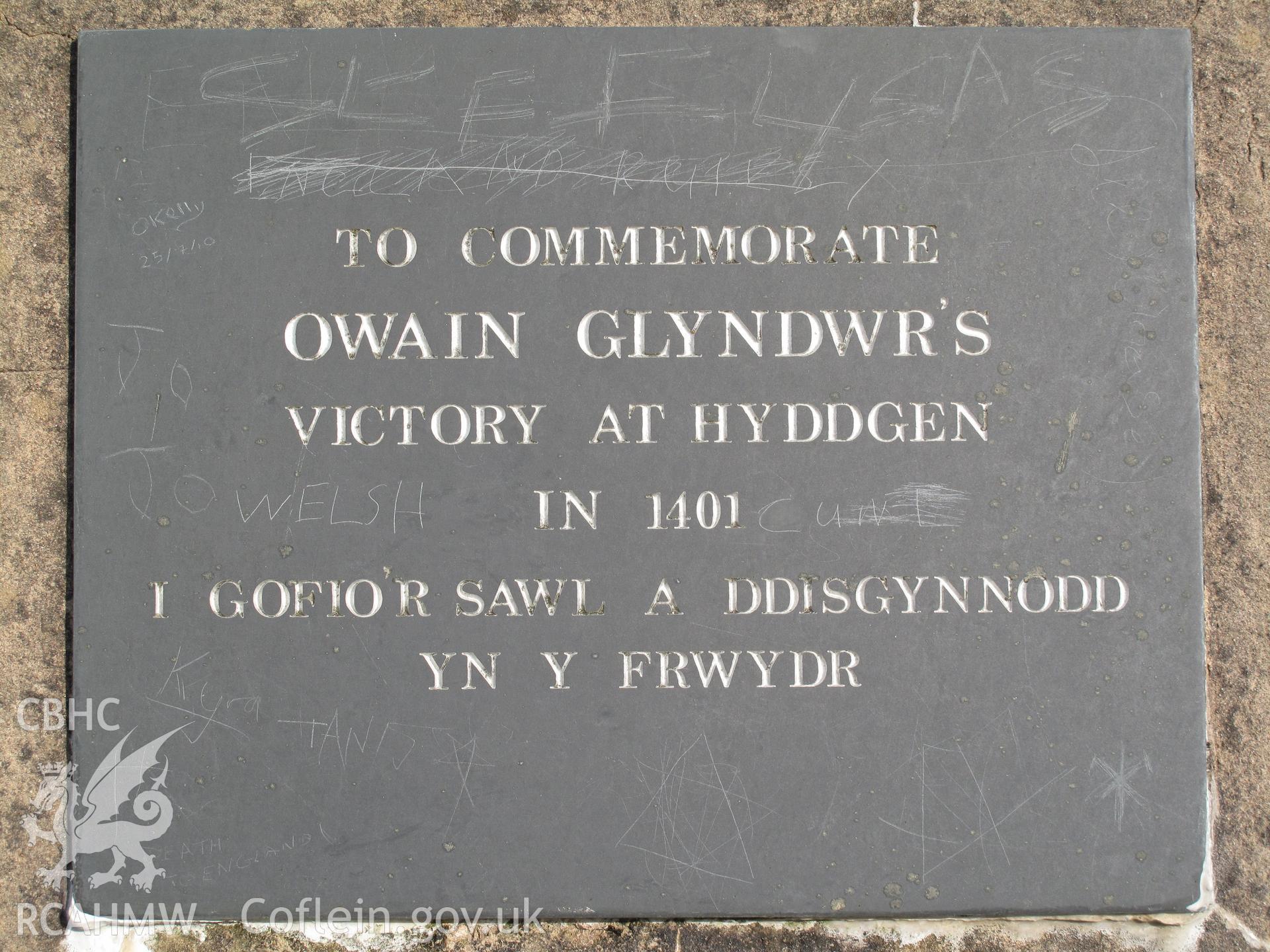Plaque on the Battle of Hyddgen Monument, taken by Brian Malaws 10 November 2010.