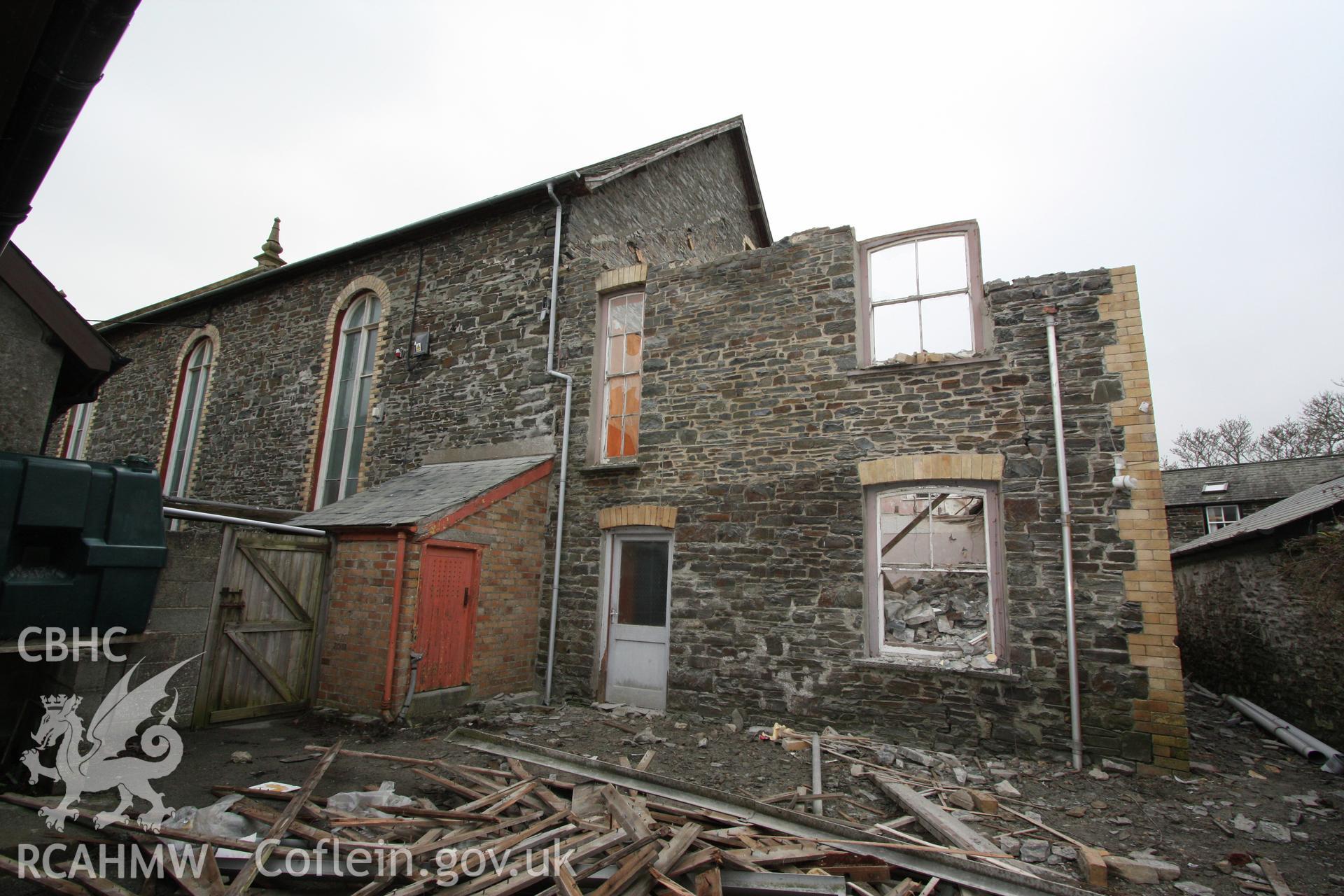 Chapel house attached to Gosen Chapel, Rhydyfelin during demolition, rear viewed from the north.