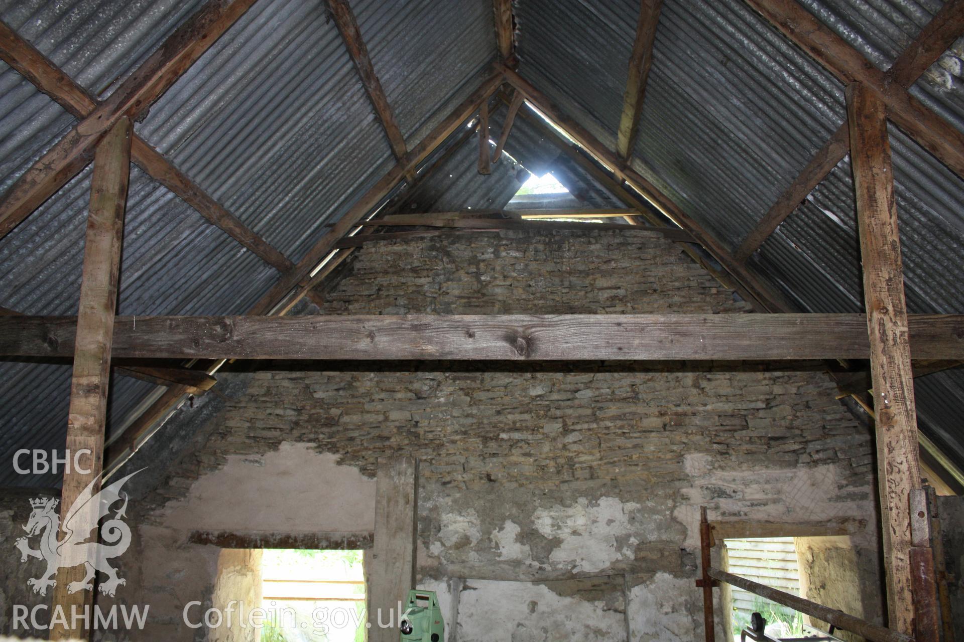 Interior; view toward east gable, showing partial tiebeam